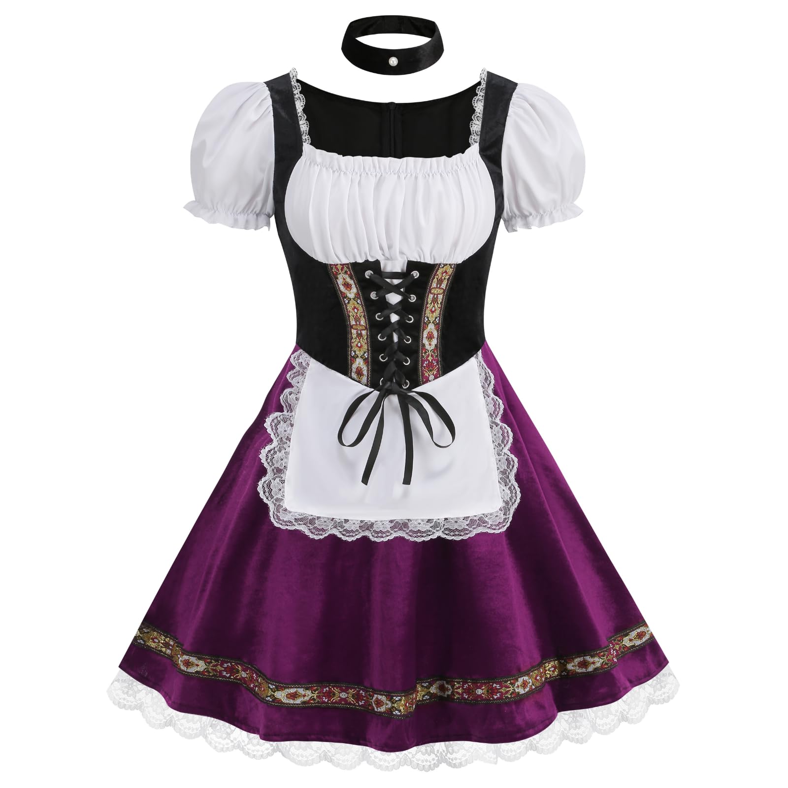 maxToonrain Women's Oktoberfest Outfit German Beer Bavarnian Dress Traditional Puff Short Sleeve Halloween Costumes for Womens(Bubble Sleeve Purple,XL)
