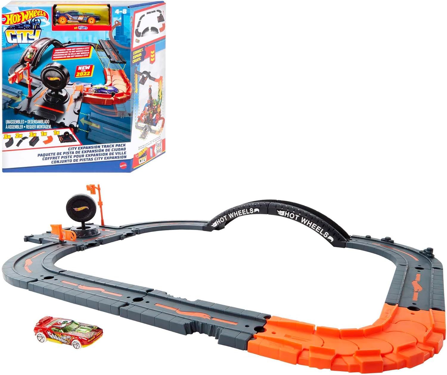 Hot Wheels City Track Pack, 10 Piece Set Includes Track Base & Various Track Pieces to Build a Cityscape, with 1 Hot Wheels Car, Connects to Other Sets, Gift for Kids 4 Years & Up