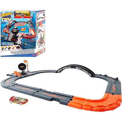 Hot Wheels City Track Pack, 10 Piece Set Includes Track Base & Various Track Pieces to Build a Cityscape, with 1 Hot Wheels Car, Connects to Other Sets, Gift for Kids 4 Years & Up