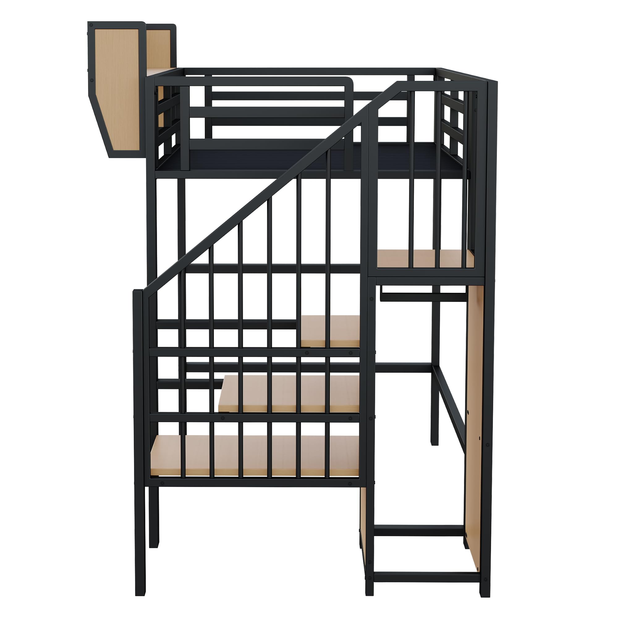 Moimhear Letto a soppalco, con scala di sicurezza e vano flessibile, letto in metallo per adulti e bambini (Nero, 90x200cm)