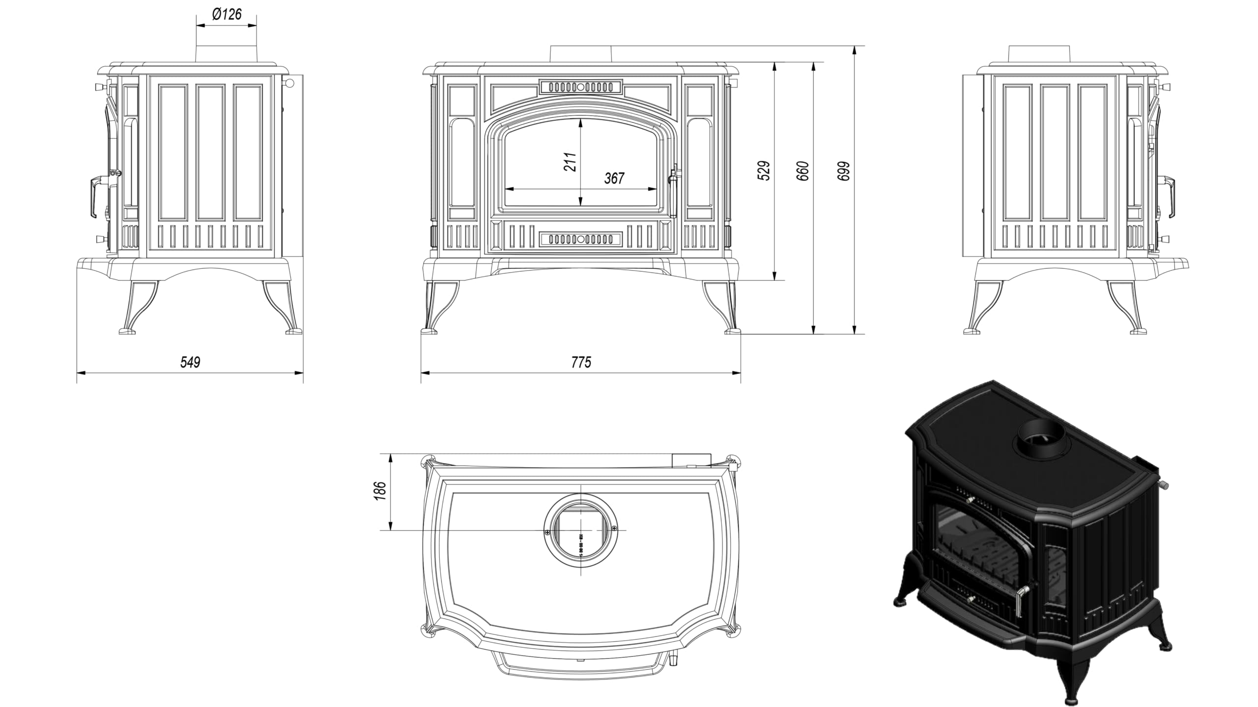 KRATKI Stufa a legna in ghisa KOZA K9 10 kW Ø130 A Stufe Retro & Vintage | Ghisa nero, efficienza 75%, classe A. Ecodesign.; combustione efficiente; basse emissioni; calore uniforme; struttura robusta