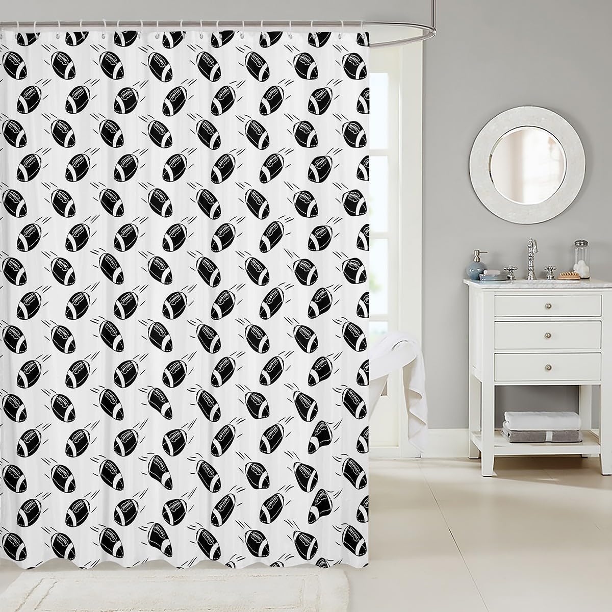 American Football Kids Shower Curtains,Ball Sports Games Competition Bathroom Curtains for Girls Boys Adults,Cartoon Modern Fashion Black White Waterproof Curtains,12 Hooks Suits,72" W x 78" L