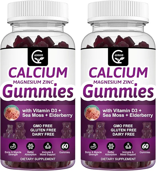 Calcium Magnesium Zinc Gummies with High Absorption Magnesium Glycinate Potassium - Plant Complex Calcium Magnesium 2:1 Ratio, with D3 Sea Moss for Bone, Muscles, Immune & Sleep Support, Vegan-2 Pack