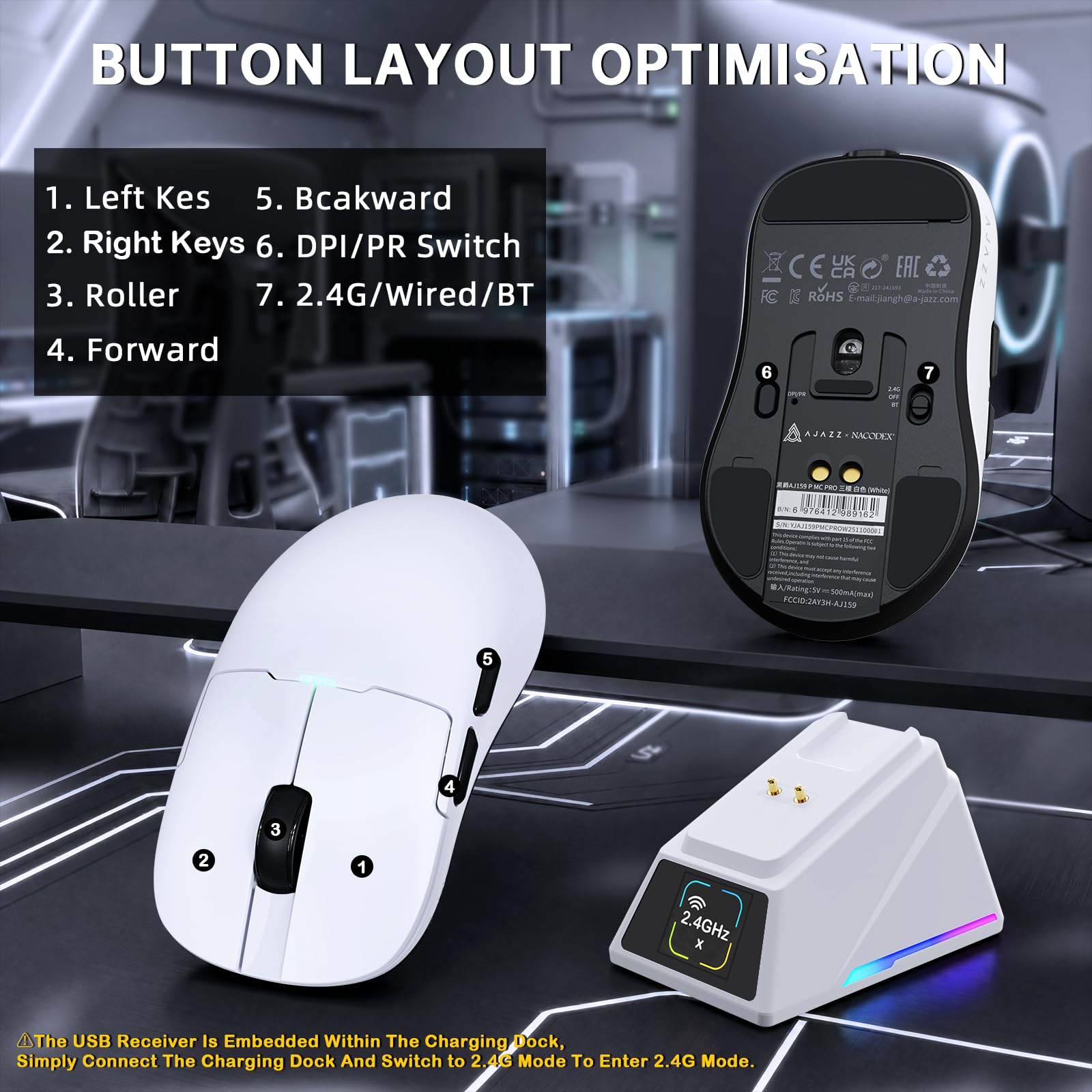 AJAZZ AJ159P Ratón Gaming Inalámbrico Superligero con Base Carga RGB-Blanco | Tri-modo BT/2.4G/USB, Sensor Óptico PixArt PAW3311 de 24000 DPI, Programable Computer Mice, for Office/PC/Mac/Win11