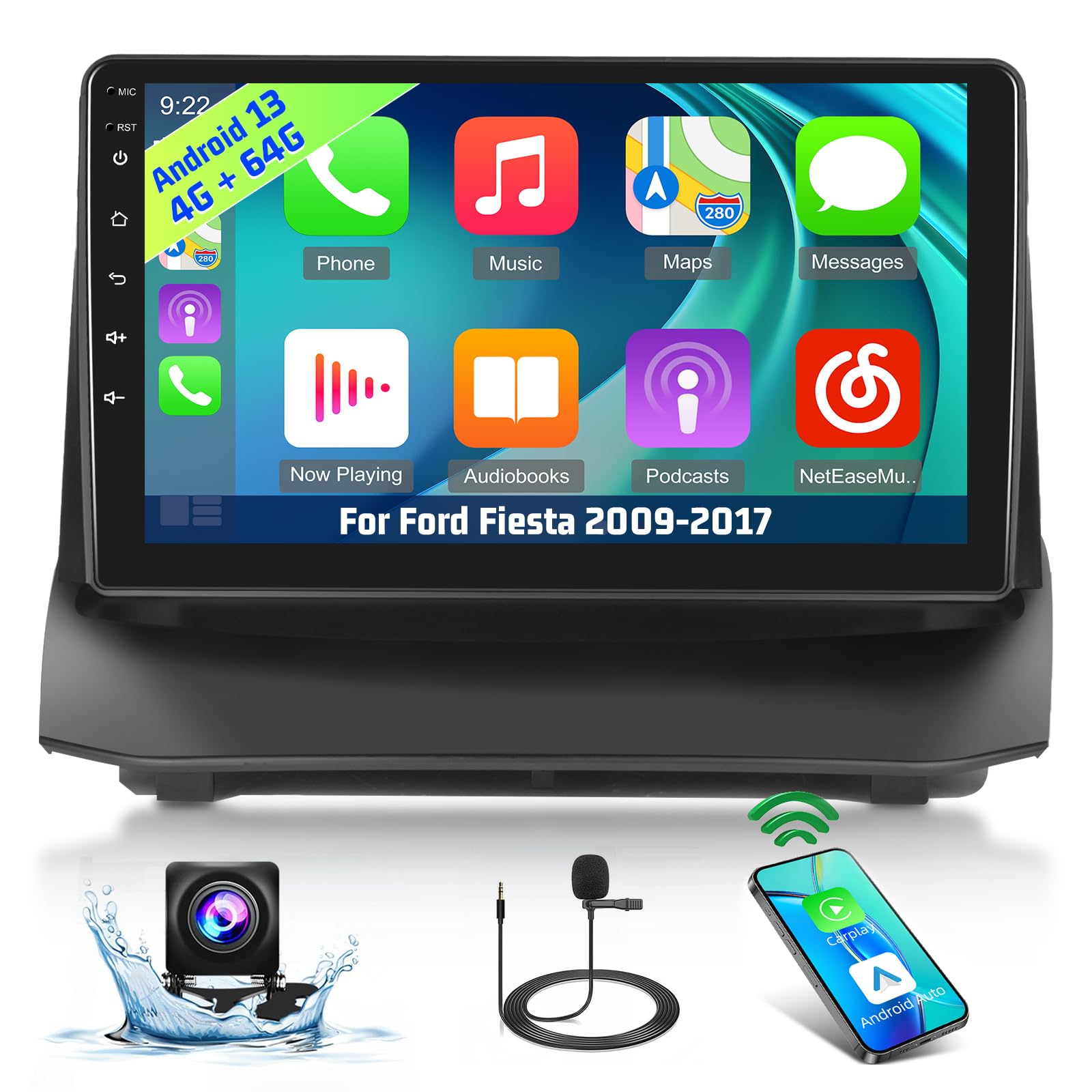 [4+64G] Carplay Radio Coche para Ford Fiesta 2009-2017 - Pantalla táctil de 9 pulgadas IPS 1280*720P EQ Audio - Inalámbrico Android Auto, AI DSP, Personalizar Página de inicio, SWC+Cámara de seguridad