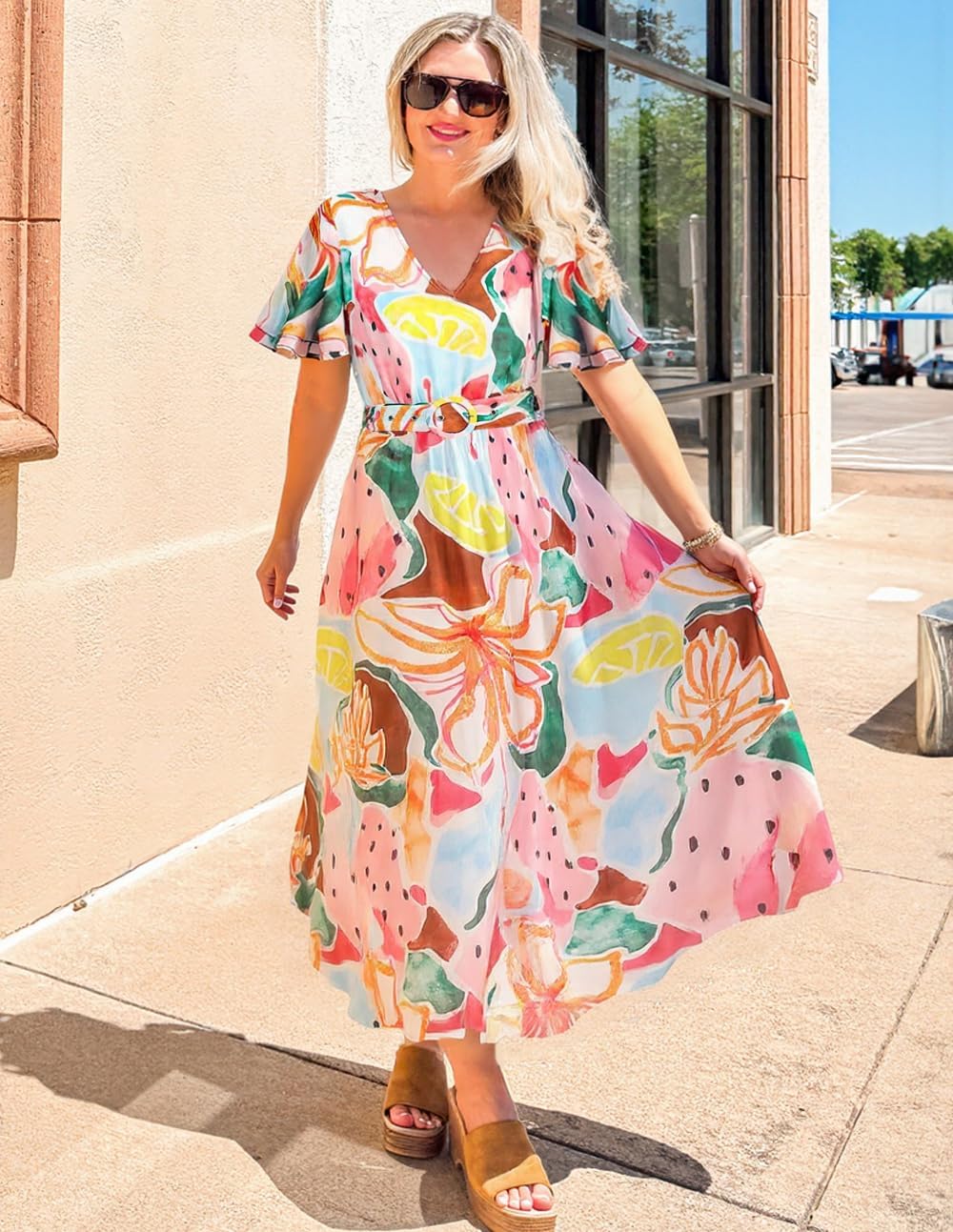 ZESICA Women's 2026 Summer Floral V Neck Midi Dress Boho Short Sleeve High Waist Flowy Beach Vacation Dresses with Belt - Image 6