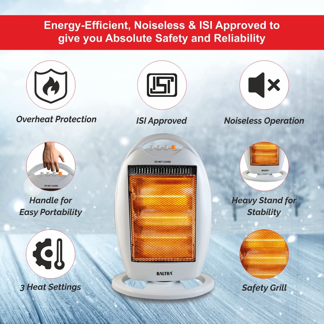 Baltra Blister BTH-101 Halogen Room Heater 1200 Watts | ISI Approved | 3 Heat Settings | Handle to carry | Electric Room Heater For Bedroom | Winter Room Space Heater | 1 Yr Warranty 【White】 2