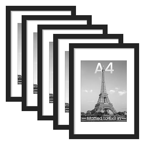 upsimples A4 Picture Frame Set of 5, Display Pictures 6x8 with Mat or 8.3x11.7 Without, Wall Gallery Poster Frames, Black - Black - 8.3x11.7