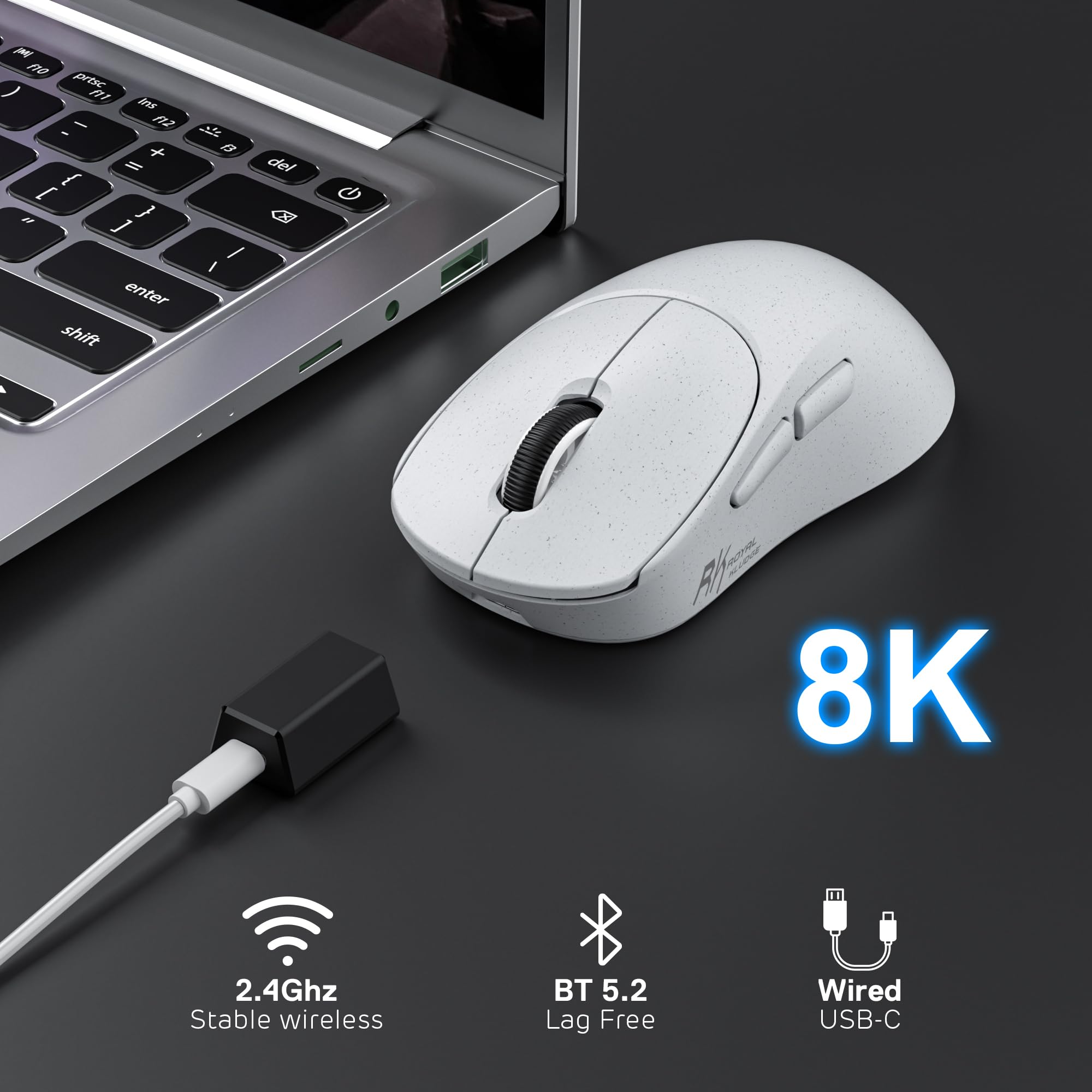 RK ROYAL KLUDGE MG5 8K bezprzewodowa mysz gier, czujnik PAW3950 42K DPI, lekka 54g, ergonomiczna, podwójna częstotliwość próbkowania 8kHz,2,4G/BT/USB-C, 100M kliknięć, kompatybilność systemami Win/Mac
