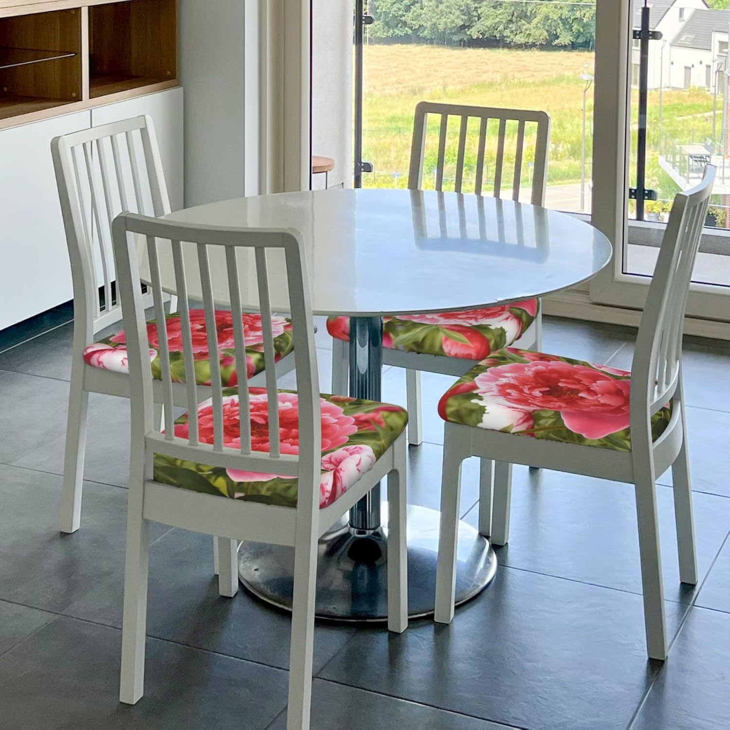 Garden Peony Print Square Cushion Covers 6 Pcs Set Elastic Non-Slip Seat Cushion Slipcovers Pet Furniture Protectors for Chair, Sofa