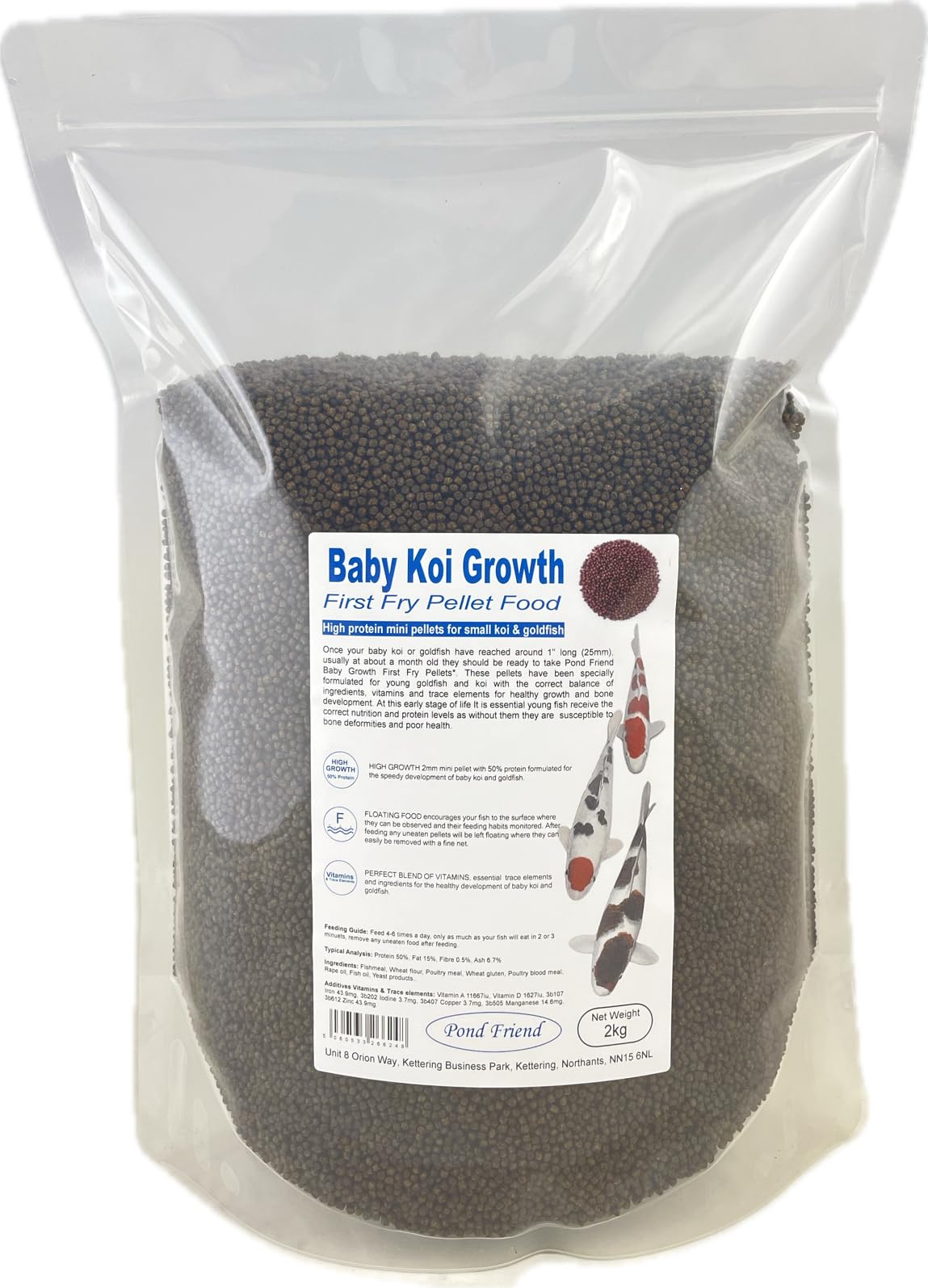 Pond Friend High Protein Koi Growth Food – 2mm Mini Pellets for Small Koi, Goldfish & Carp – 50% Protein Premium Pond Fish Food Fry Grower – 2kg