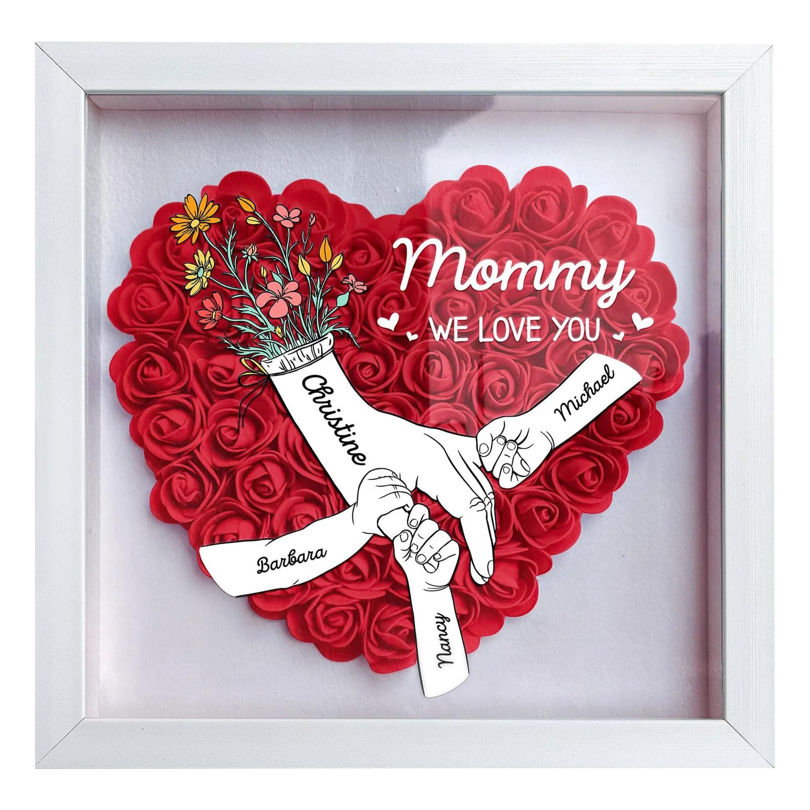 ROSLILY Custom Mom Flower Shadow Box Personalized Heart Shaped Name Frame for Mom Grandma Family Anniversary Birthday (Hand by Hand, 12*12in/30*30cm)