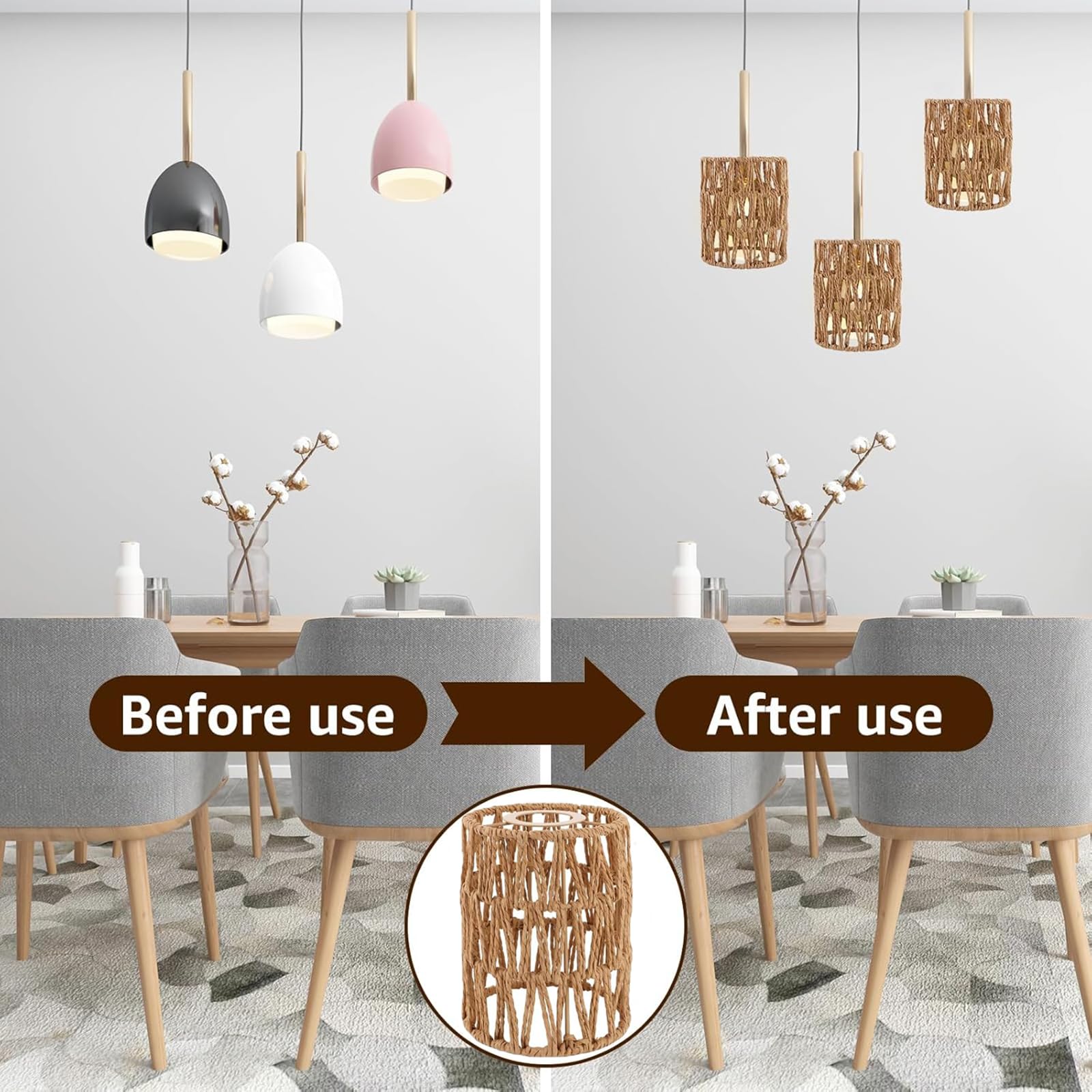 AKOLAFE 6 Stück Lampenschirm Hängelampe Boho 12x12x15cm Lampenschirm Rattan Papierlampenschirm Ersatzschirm Zubehör für Stehlampe, Tischlampe, Pendelleuchten, Hängelampenschirme