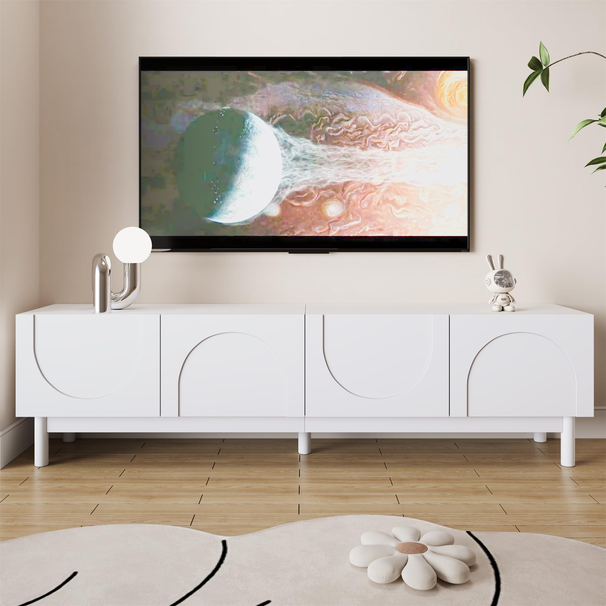 FammyLoft 169cm TV Unit with 4 Curved, Wave-Shaped Doors, Modern TV Stand Cabinet with Adjustable Shelves and Stabilizing Legs, Entertainment Unit for Living Room, White