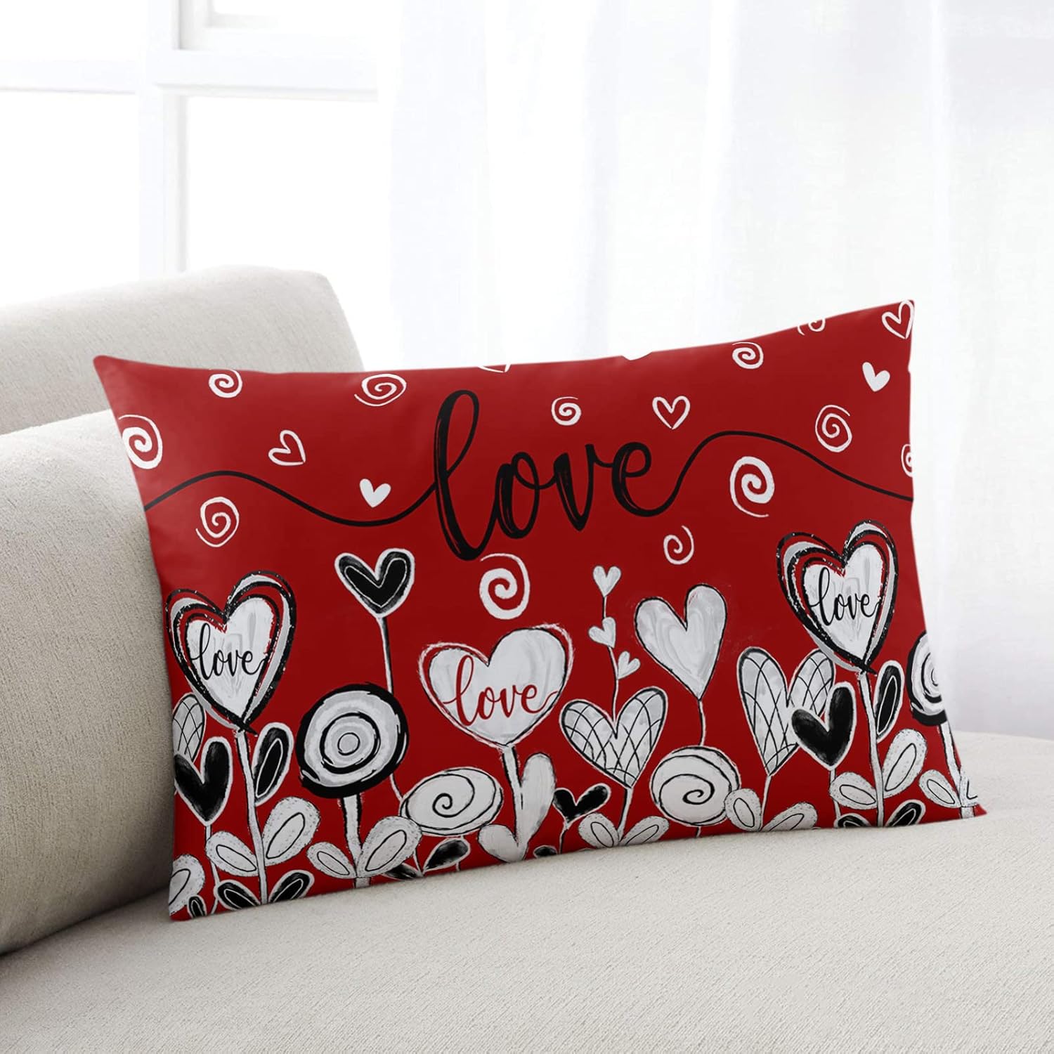 Valentines Pillow Covers, Linen Long Throw Pillow Case, Watercolor