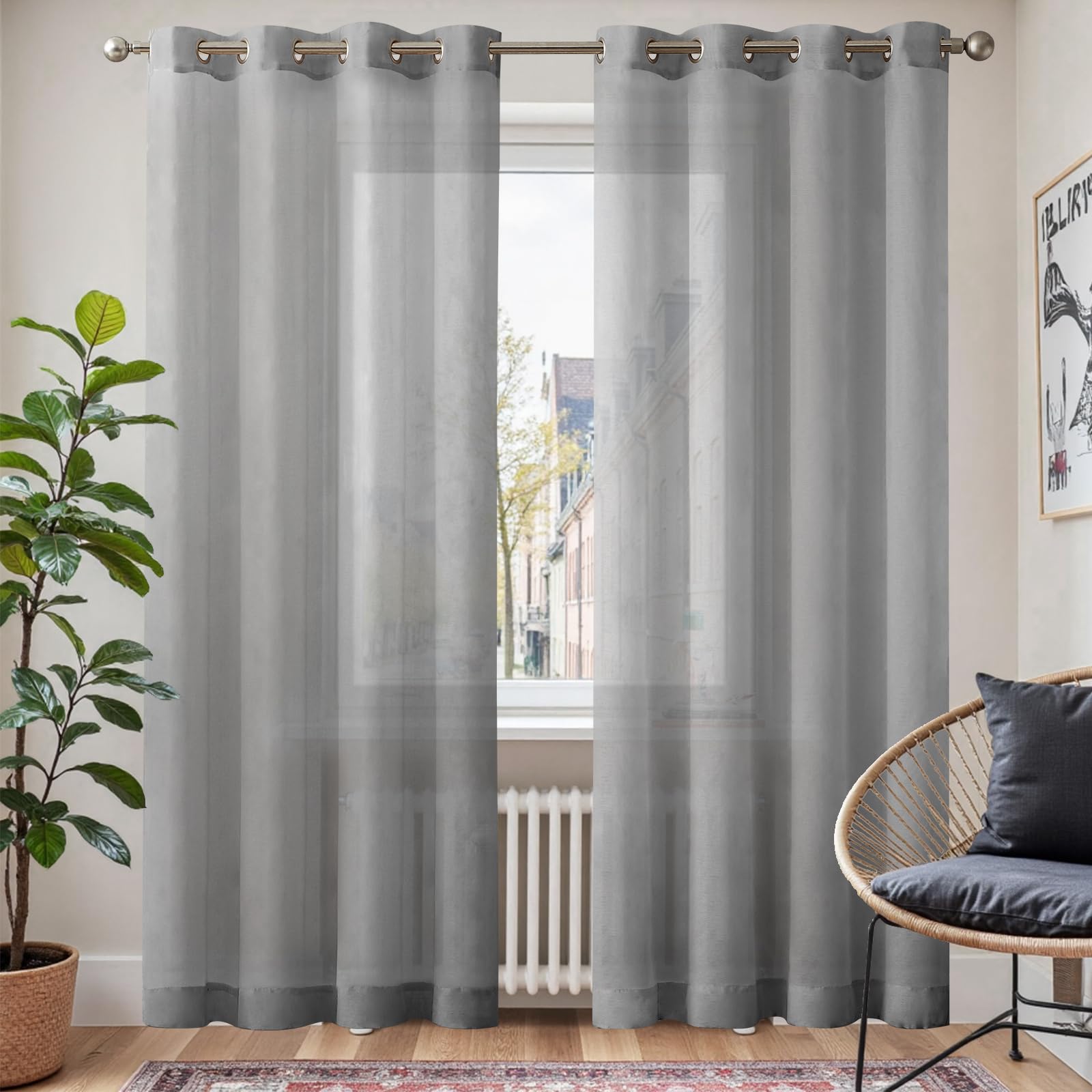 TOPICK Cortinas de Gasa con Ojales Transparente Cortina Aspecto de Estilo Moderno Bistro Casa Campo Salón Dormitorio Rústico para Ventana Gris de 2 Unidades 140 x 260 cm OEKO-TEX STANDARD 100