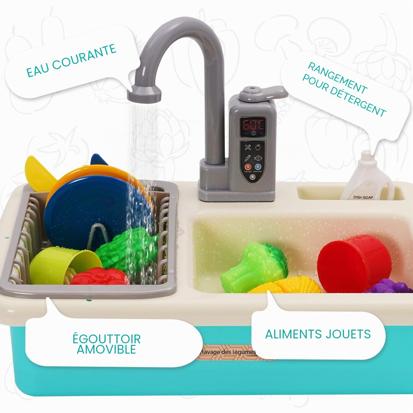 Jouets d'évier de Cuisine pour Enfants de 1 an,Cuisine pour Enfant avec Système d'eau Courante,Jeu de Nourriture et Jeu de Découpe pour Garçons et Filles de 3,4,5,6,7 Ans（Vert）