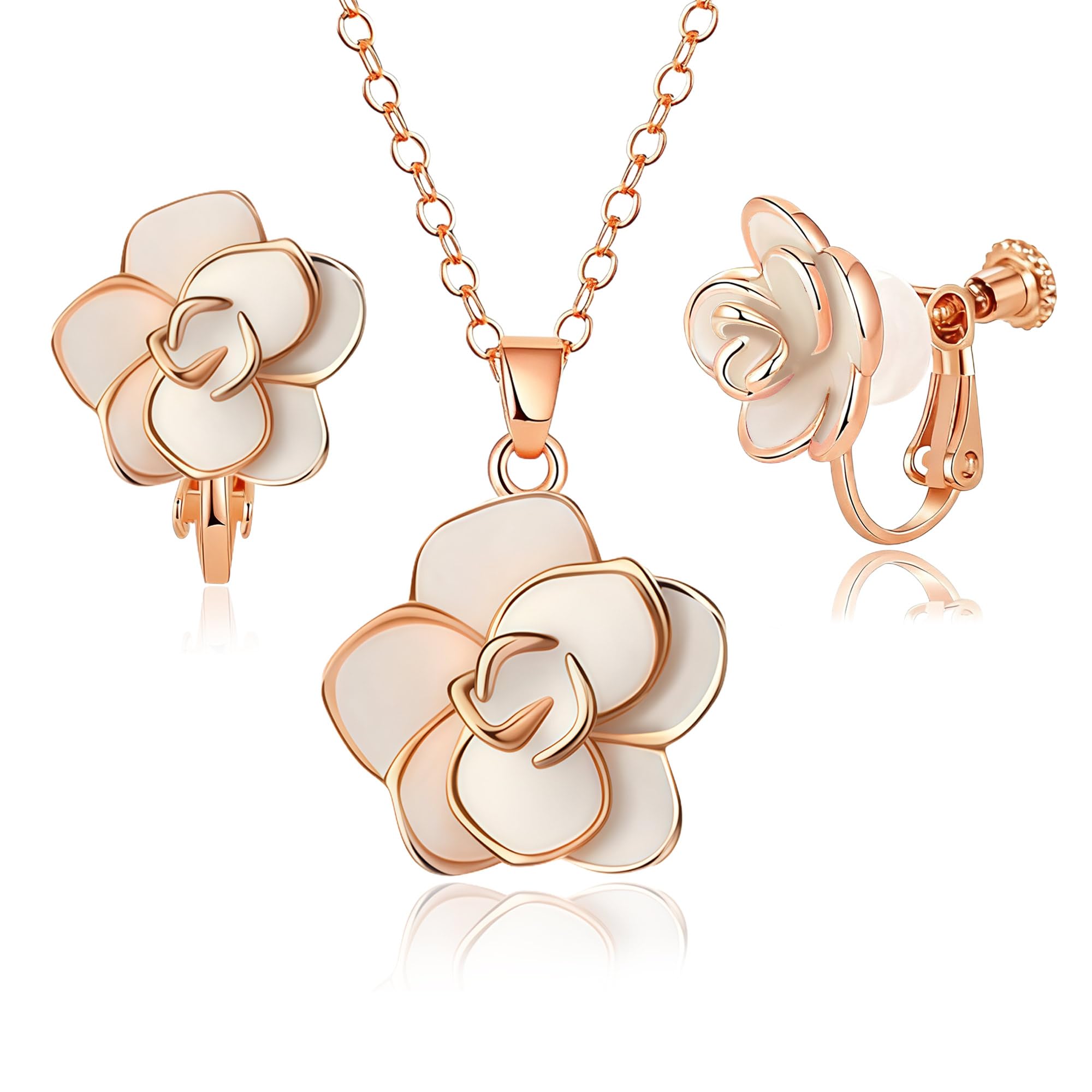 Dainty Rose Flower Pendant Necklace Clip On Earrings Set