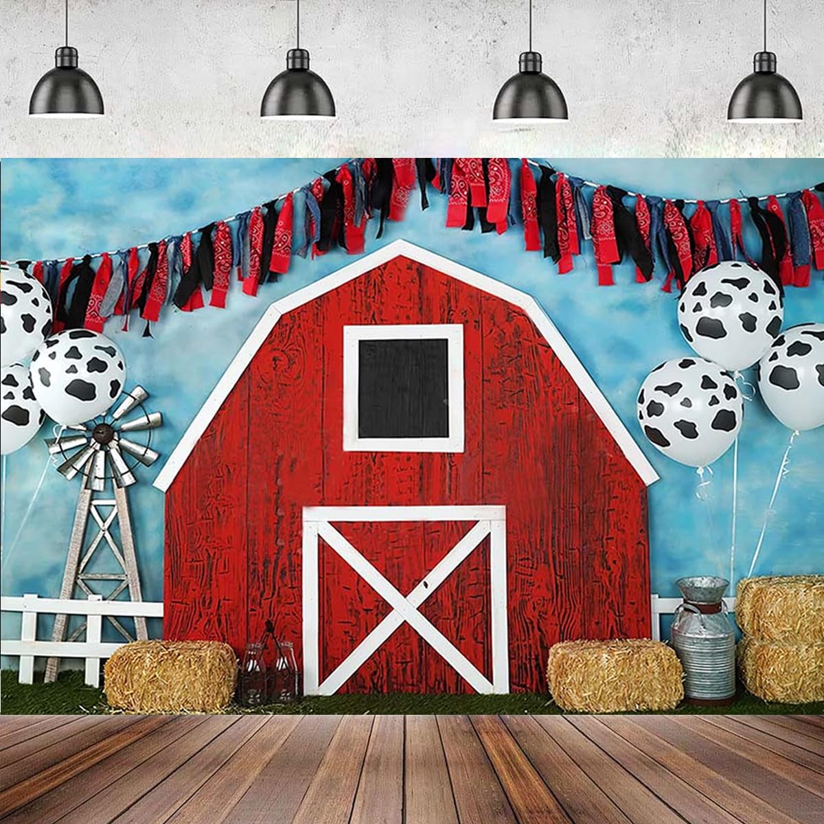 Red Barn Photography Background Children Birthday Party Decoration Farm Haystack Western Cowboy Theme Photo Background Balloons Newborn Baby Shower Banner Cake Table Decor Banner (7X5FT)