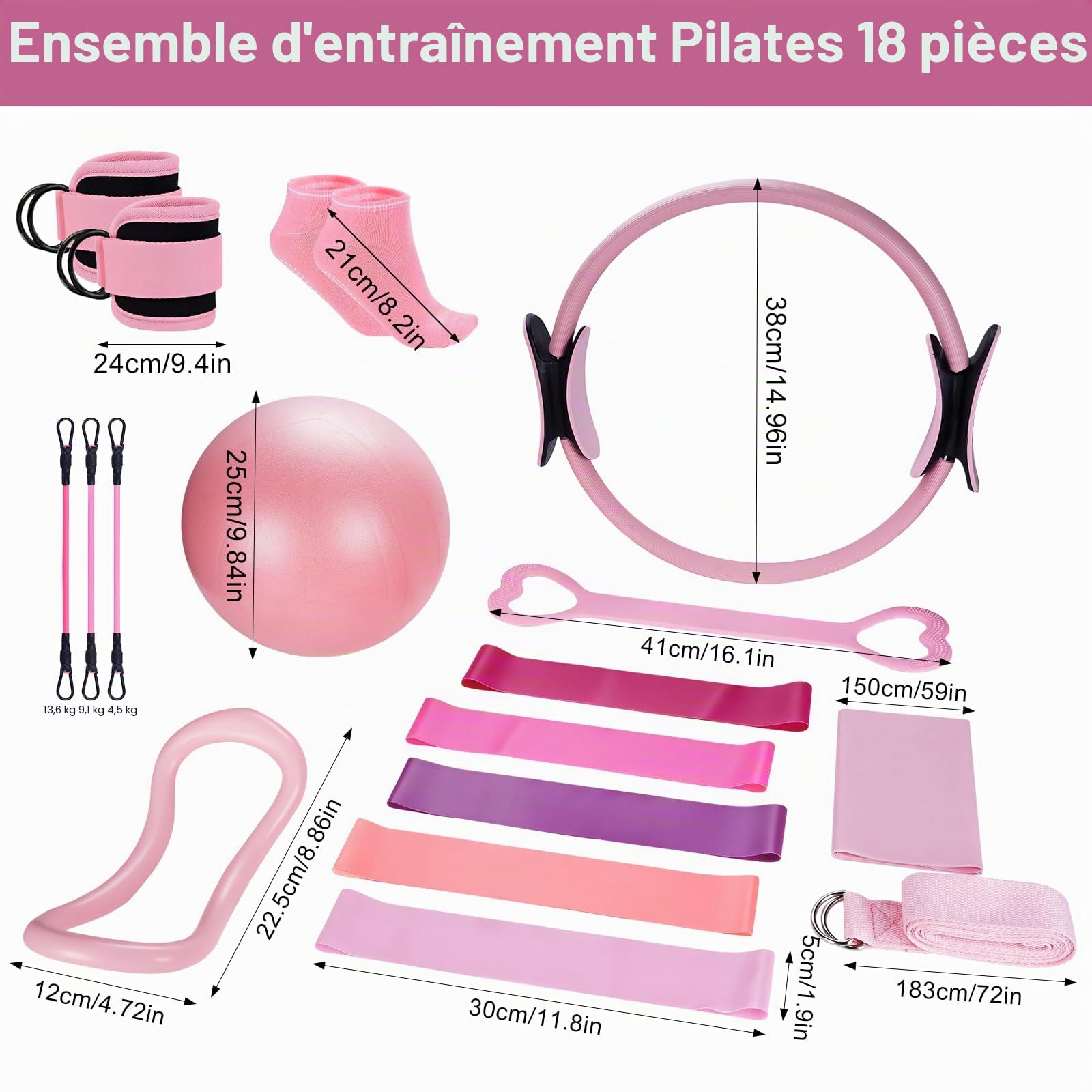 Ensemble de 18 pièces pour Pilates, anneau de Pilates, balle de yoga, bande de fitness, anneau de tension, anneau de massage et sac