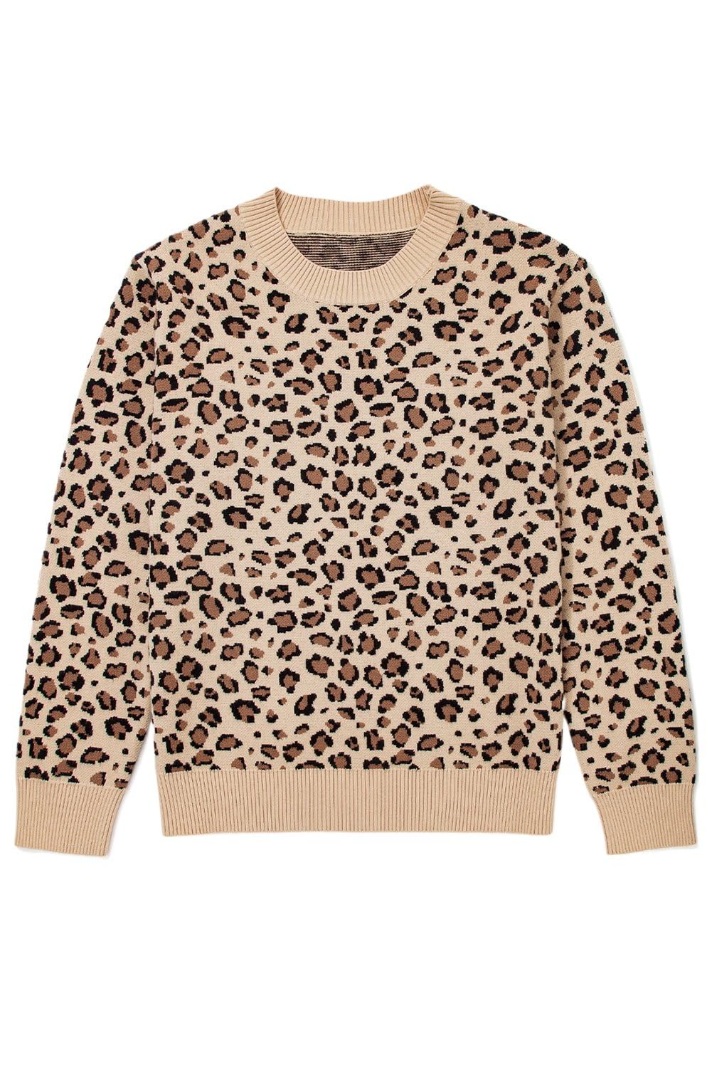 Womens Khaki Leopard Print Dolman Sleeve Sweater for Daily Wear