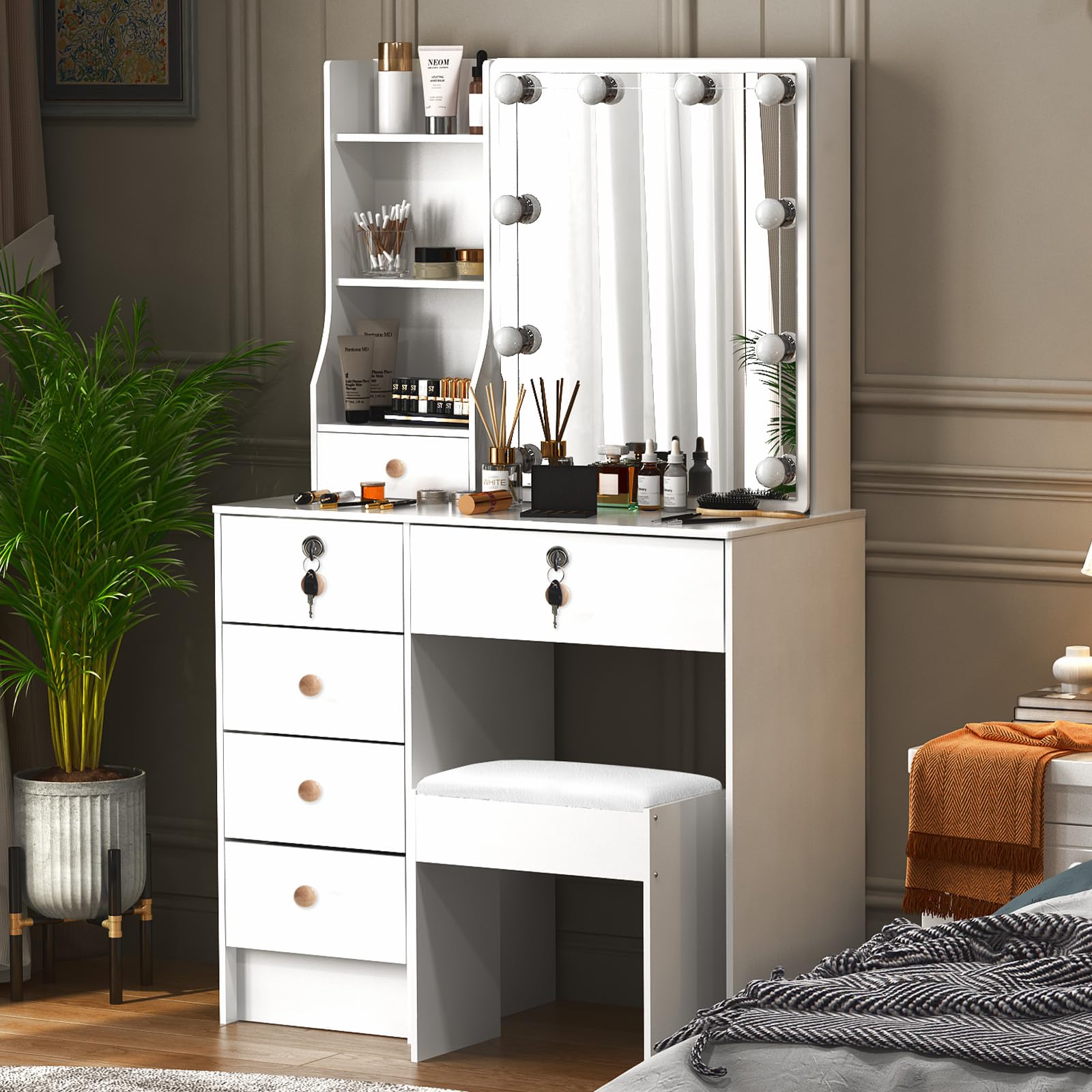 Puselo Coiffeuse avec Miroir et Tabouret, Luminosité Réglable, Table de Maquillage avec 6 Tiroirs et 6 Étagères, Coiffeuse Moderne Blanc 80x 36 x 131 cm