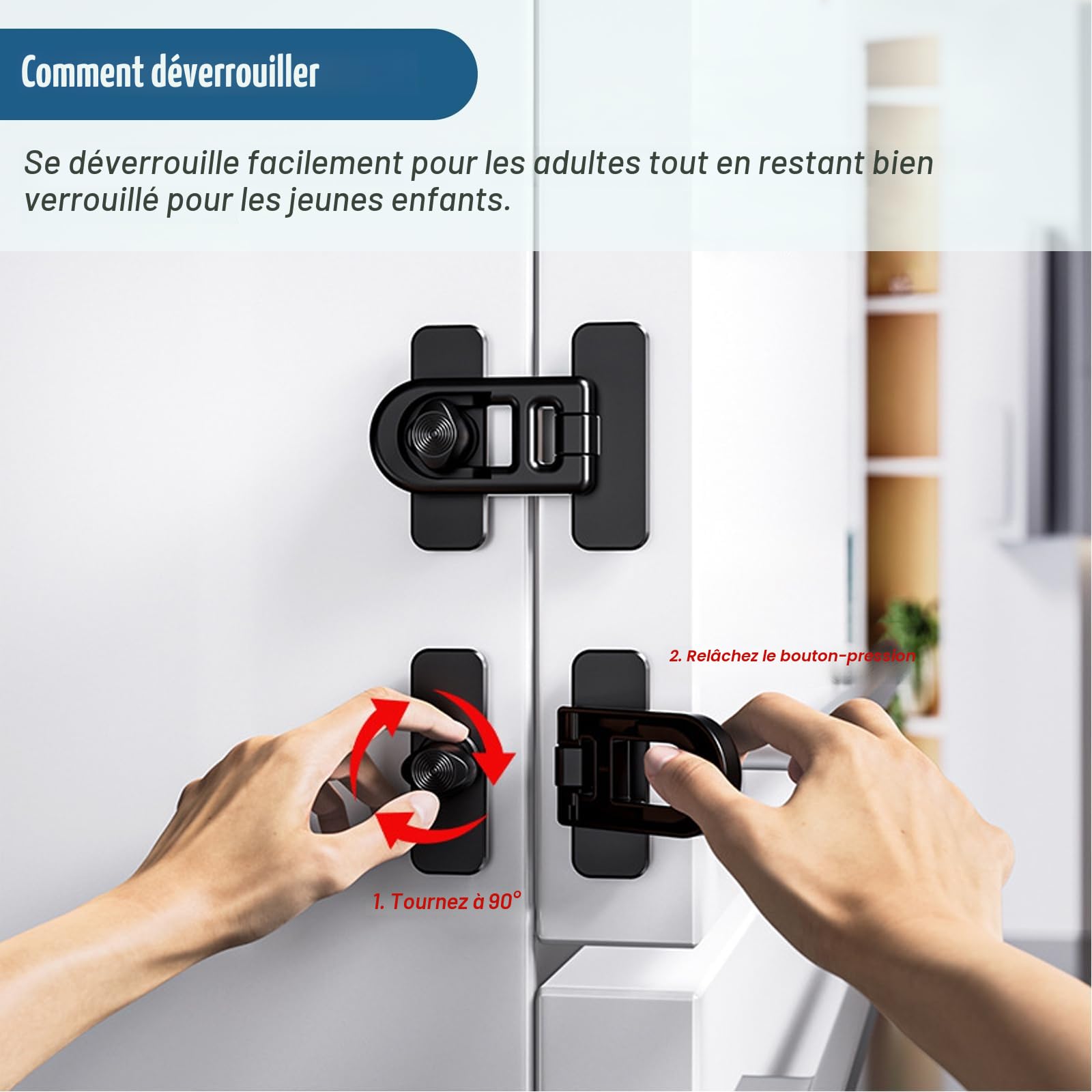 2 Pièces Serrure de Réfrigérateur Sécurité Enfant - Adhésif Fort 3M Sans Perçage - Compatible Réfrigérateurs, Congélateurs & Armoires - Aucun Outil Nécessaire