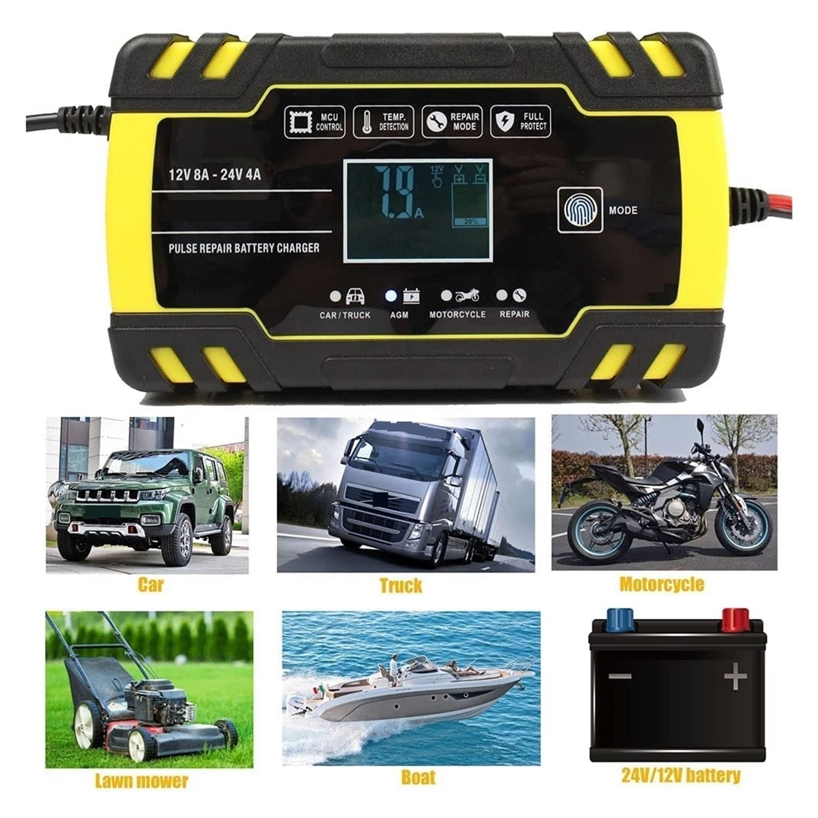 12V 24V 8A Automatyczna Ładowarka 3-etapowa Naprawa Impulsów Wyświetlacz LCD Inteligentna Samochodowa Żelowa Kwasowo-ołowiowa łAtwa W UżYciu