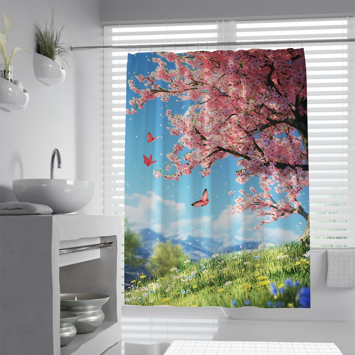 UIRINGART Romantic Cherry Blossom Shower Curtain W200xL200cm Pink Tree Butterfly Landscape Pattern Mildew Resistant Waterproof Bath Curtains For Bath Tub With Hooks