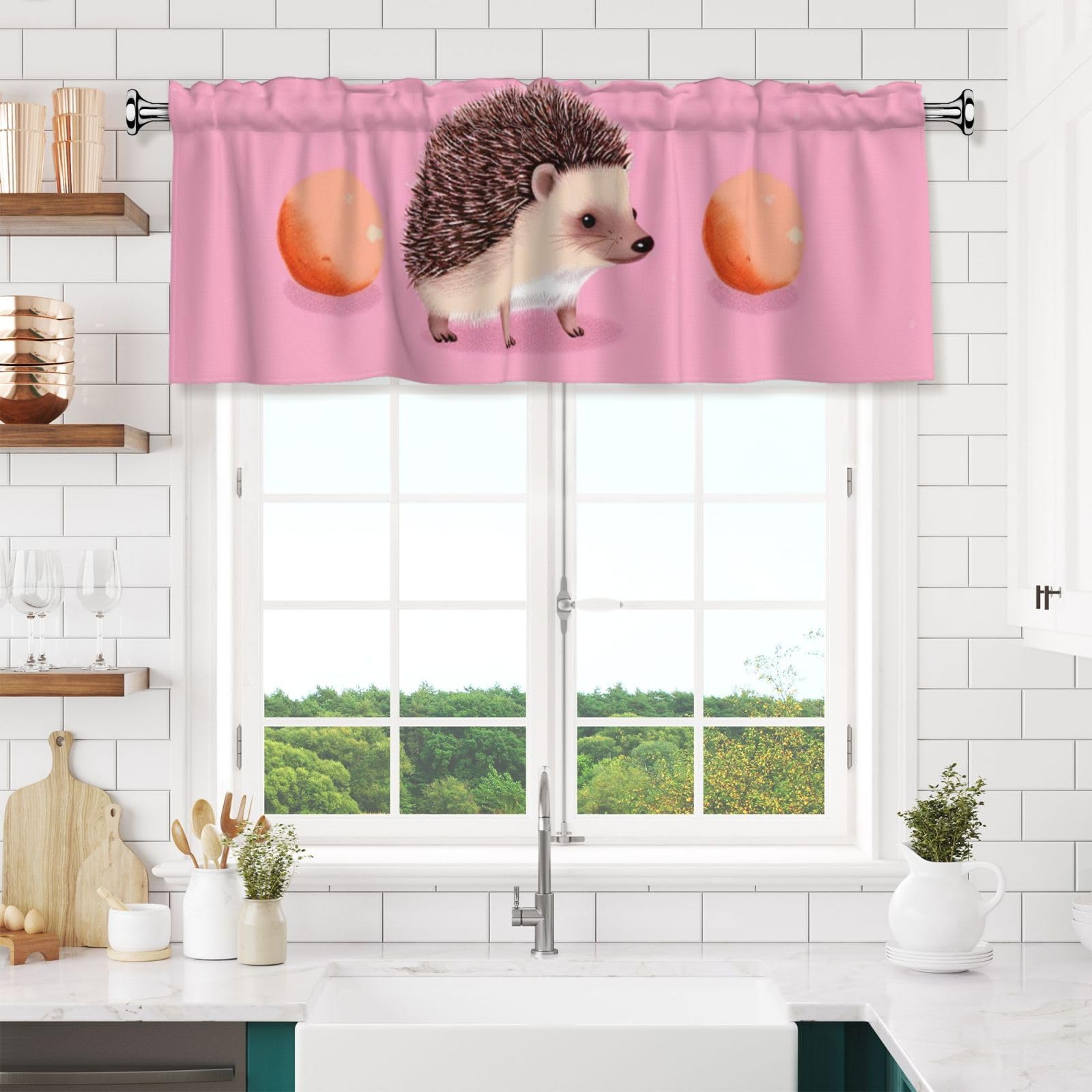 NONHAI Little Hedgehog Valances for Windows Short Curtains Rod Pocket Cafe Window Treatments Valance Curtains for Kitchen Bathroom Laundry Basement Windows 54x18inch Blackout Window Valance