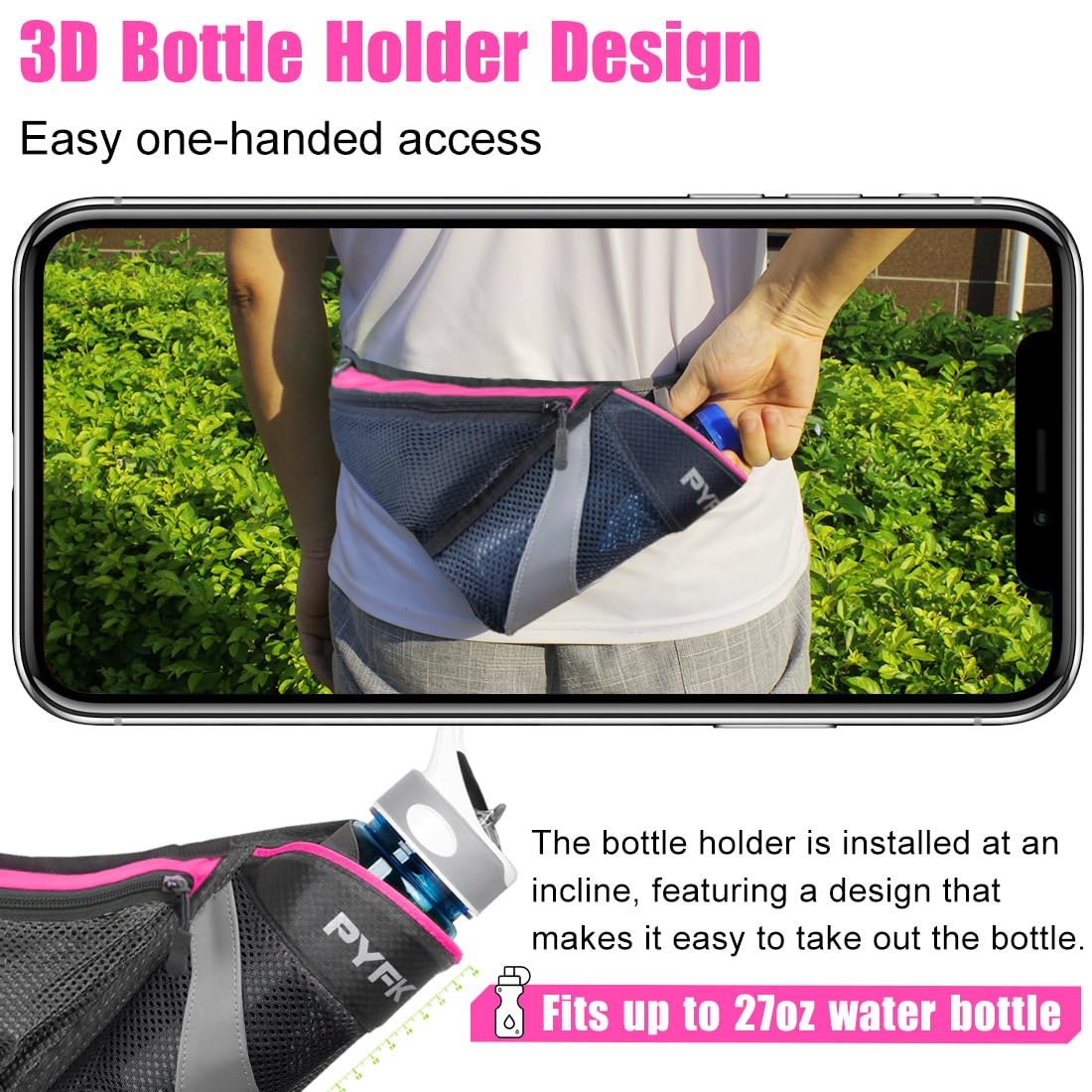 PYFK Riñonera de hidratación para correr con soporte para botella de agua para hombres y mujeres, riñonera reflectante (rosa mejorada)