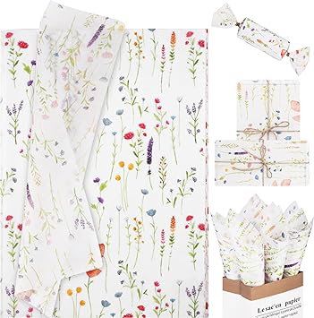 100 Sheets Purple Lavender Tissue Paper, 20x14 Inches, Wildflower Wrapping Tissue Paper Red Poppy Printed Art Decorative Tissue for Spring Wedding Gift Wrapping Supplies