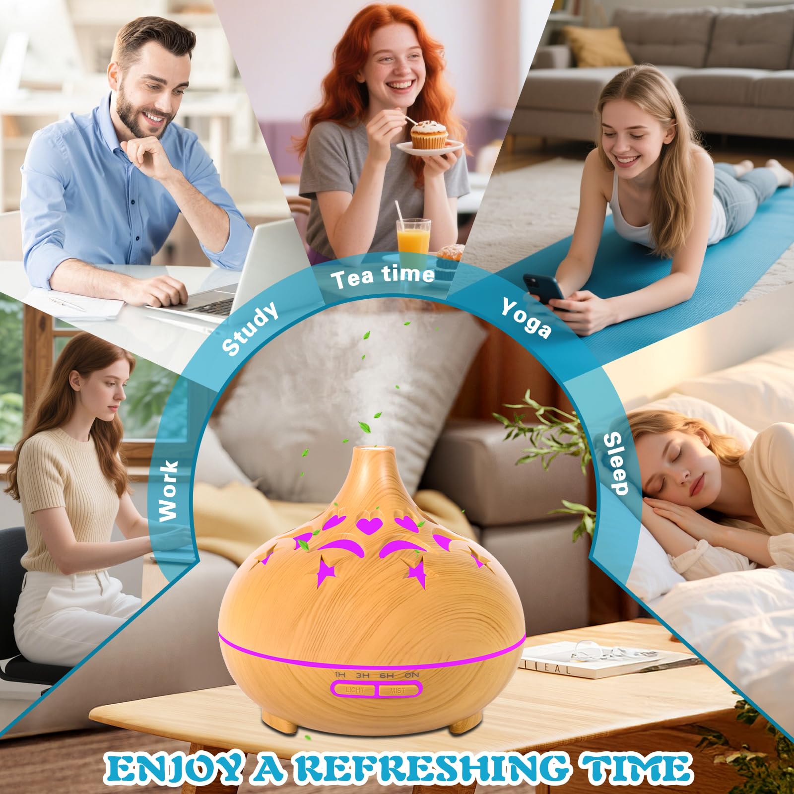 Diffusore di Oli Essenziali, 550ml Ultrasuoni Umidificatore con 4 Impostazioni Timer e 7 Colori LED e pegnimento Automatico Senza Acqua per Ufficio Casa Soggiorno Camera da Letto SPA Yoga