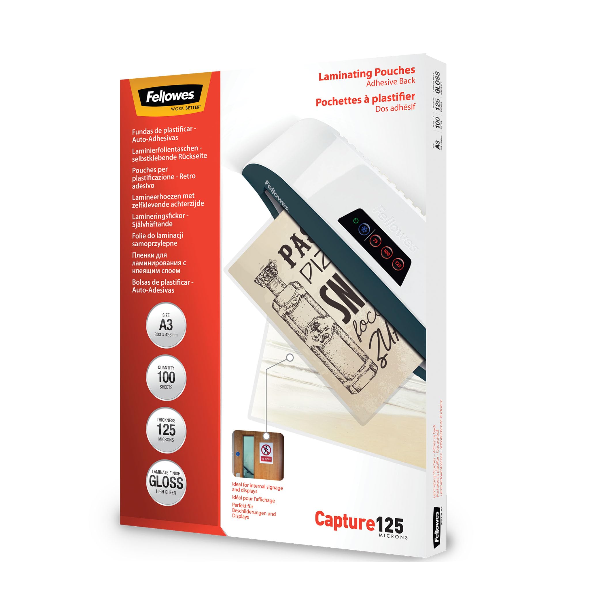 Fellowes Pochettes De Plastification A3 Autocollant Capture 125 microns A3, Lot de 100, Transparent