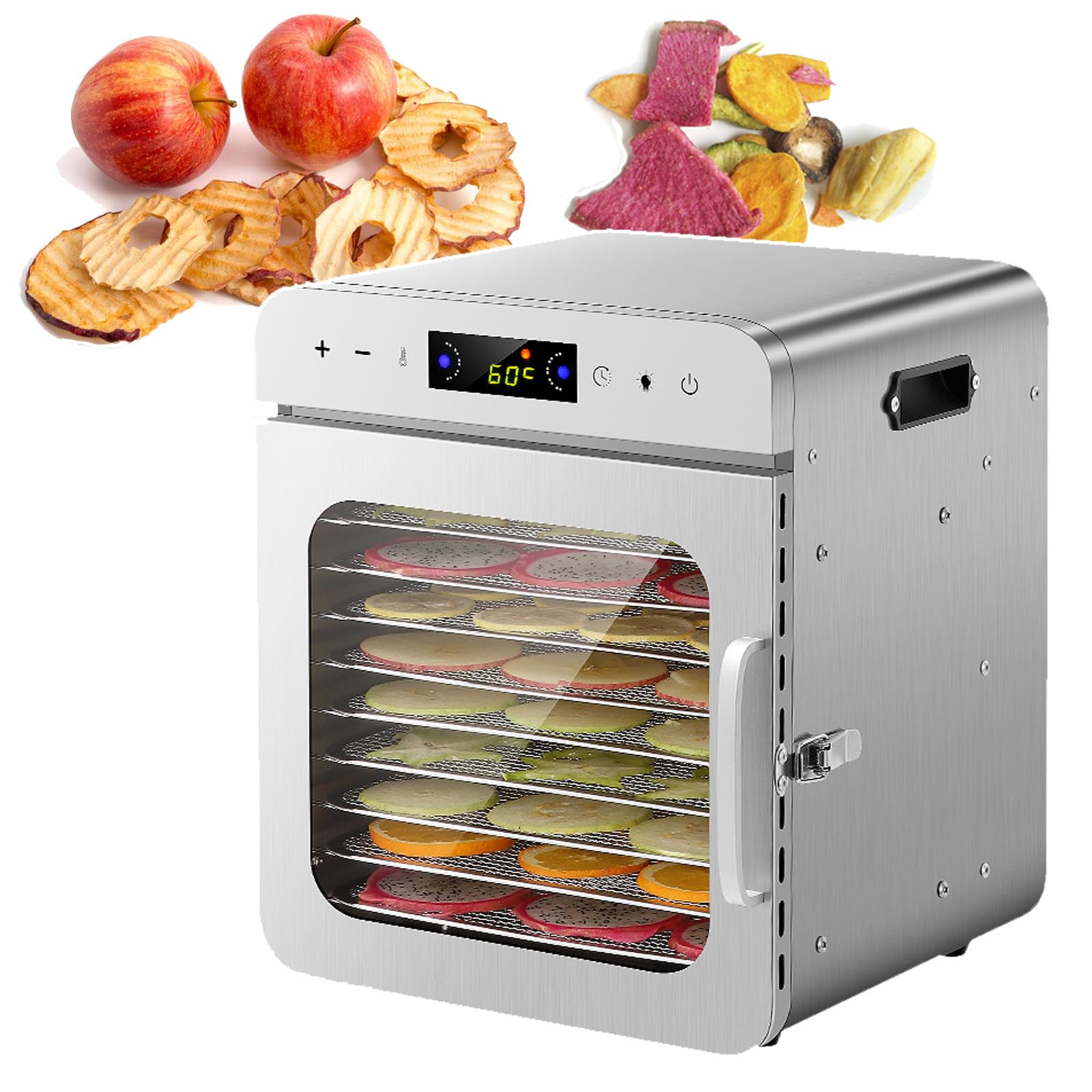 10 bandejas secador de frutas secadora de verduras, potente capacidad congelador secador control de temperatura temporizador ajustable, control de temperatura de acero inoxidable 30 ° -90 °