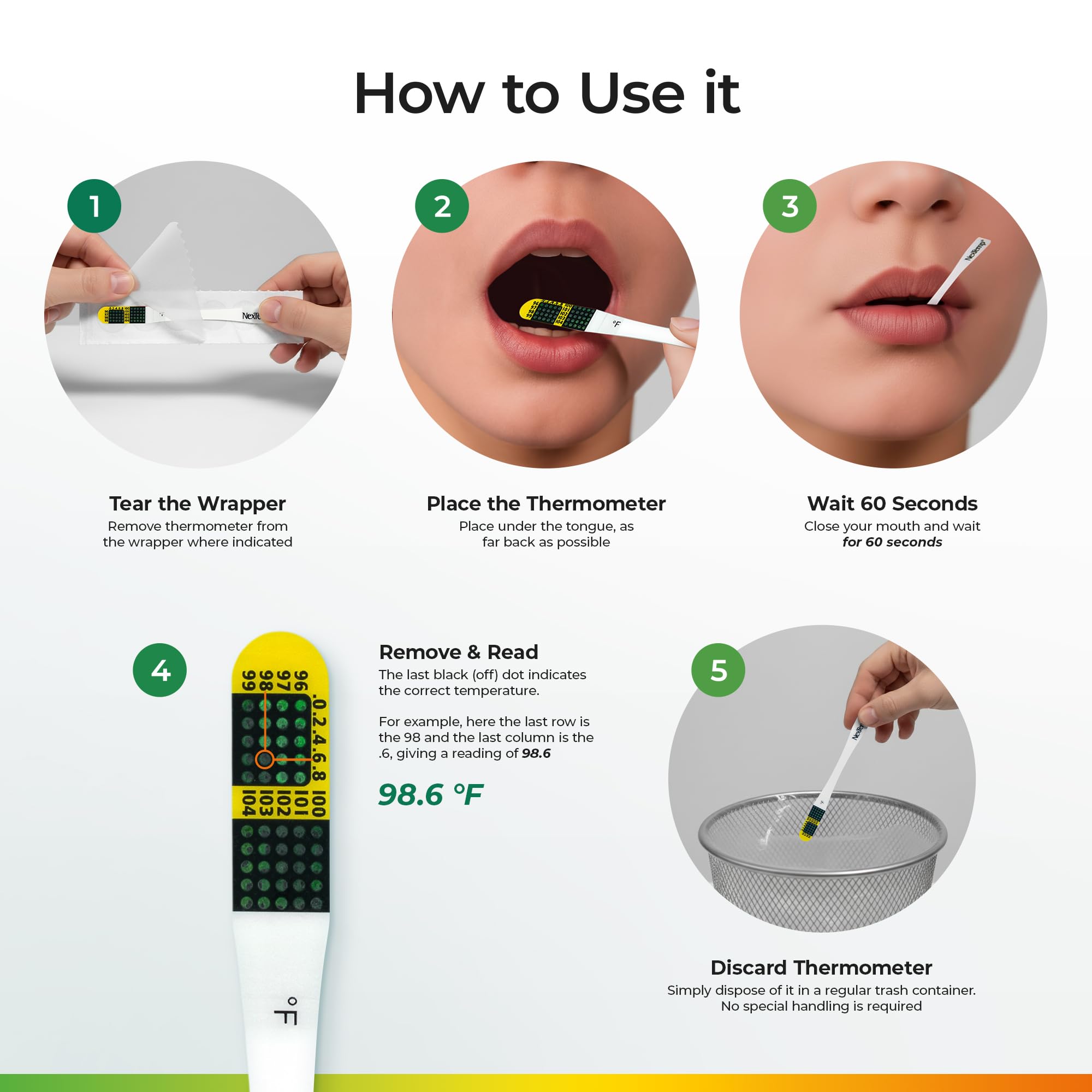 NexTemp Ultra 100 unidades – Celsius – Termómetro de un solo uso, envuelto individualmente – Precisión superior y lo último en control de infecciones – Retención de señal extendida de 1 minuto