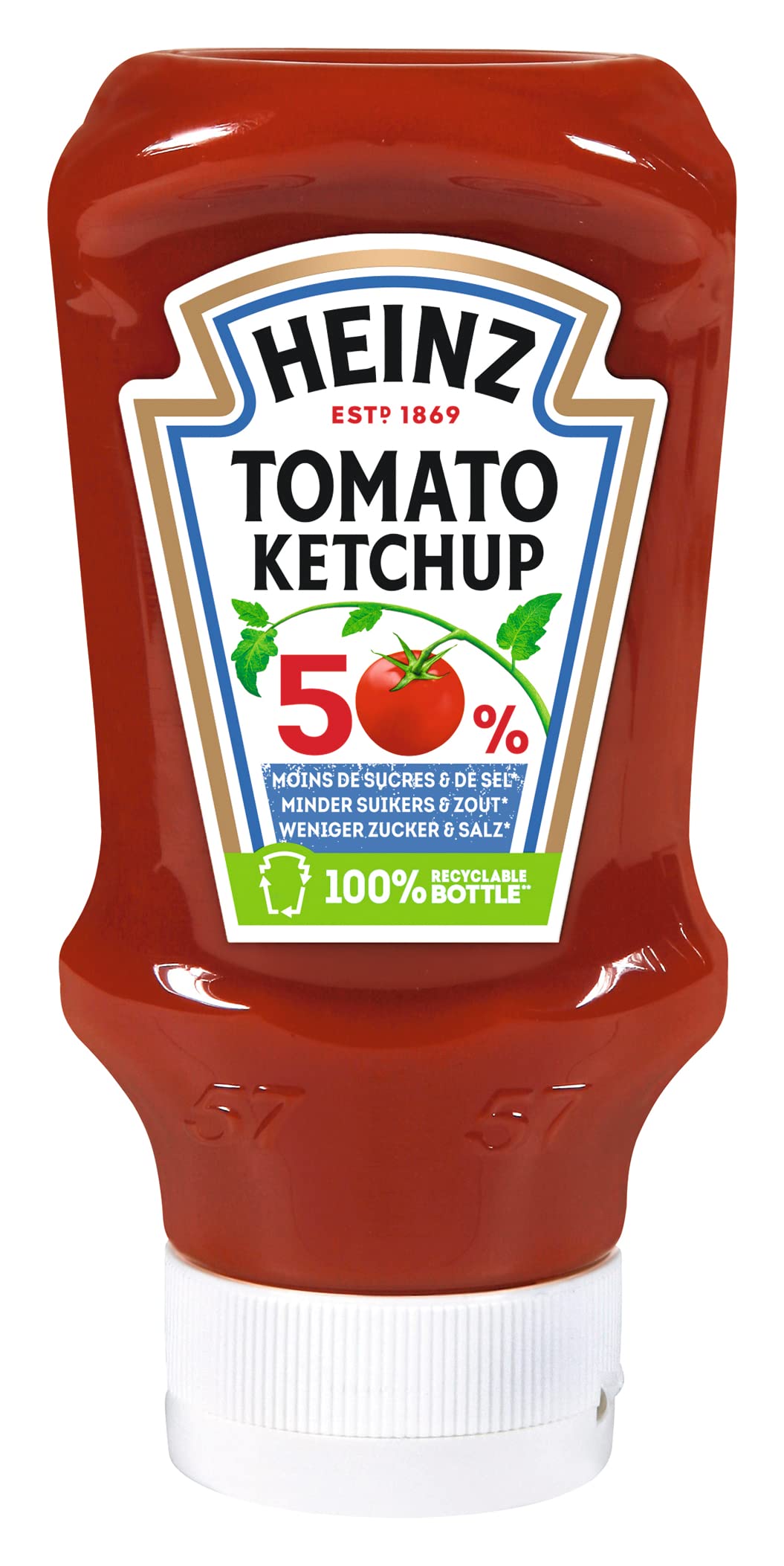 Heinz Tomato Ketchup 50 Prozent weniger Zucker und Salz* – Tomatenketchup in Kopfsteherflasche – 10 x 500 ml