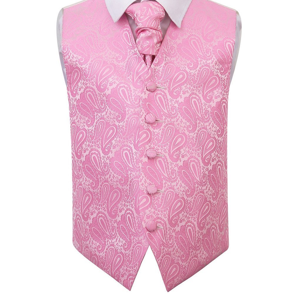 DQT Boys Paisley Floral Waistcoat & Cravat Set (2pc) - Wedding Party & Formal - Baby Pink 34" (13–14 Years)