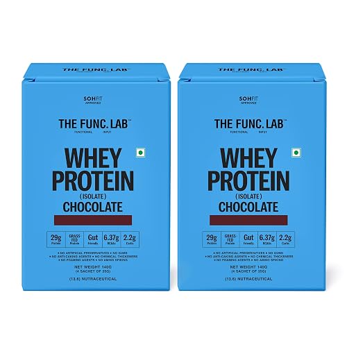 The Func. Lab Whey Protein Isolate - Chocolate Travel Packs | (4 * 35g Sachets) Pack of 2 | Grass‑Fed, 29g Protein per Scoop | High Protein Supplement with Digestive Enzymes for better Absorption