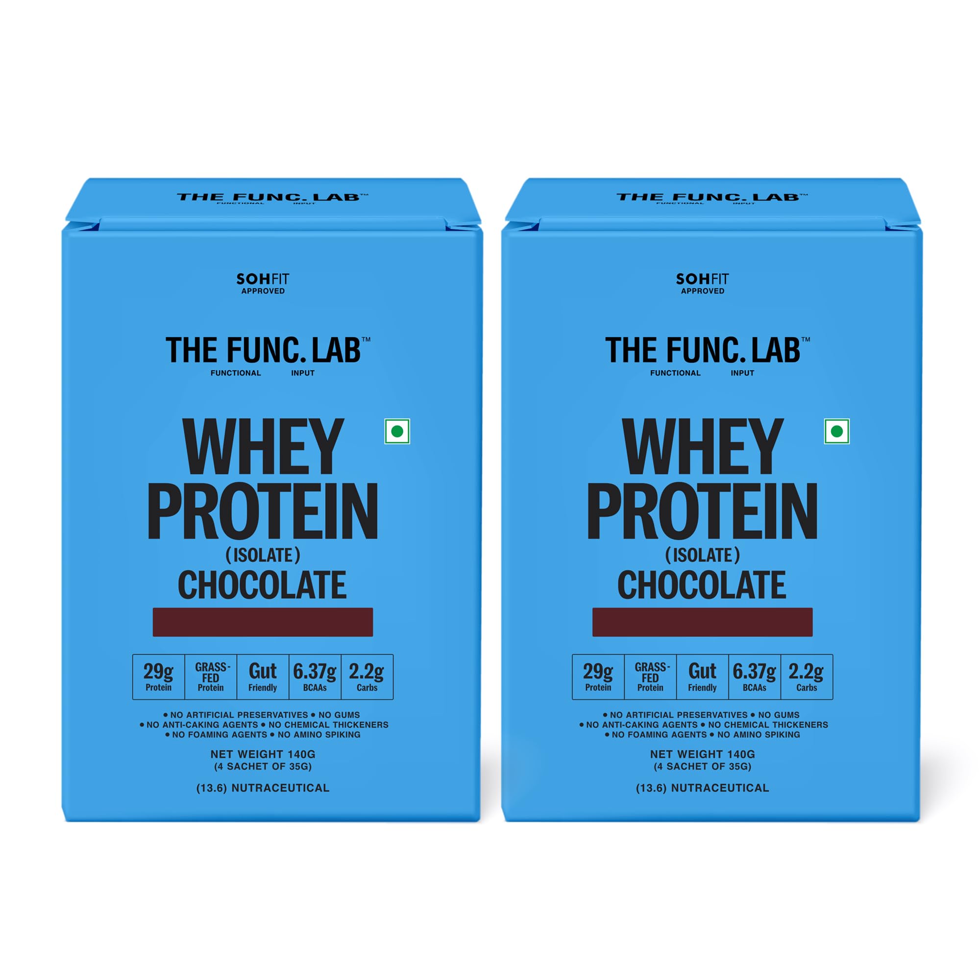 The Func. Lab Whey Protein Isolate - Chocolate Travel Packs | (4 * 35g Sachets) Pack of 2 | Grass‑Fed, 29g Protein per Scoop | High Protein Supplement with Digestive Enzymes for better Absorption