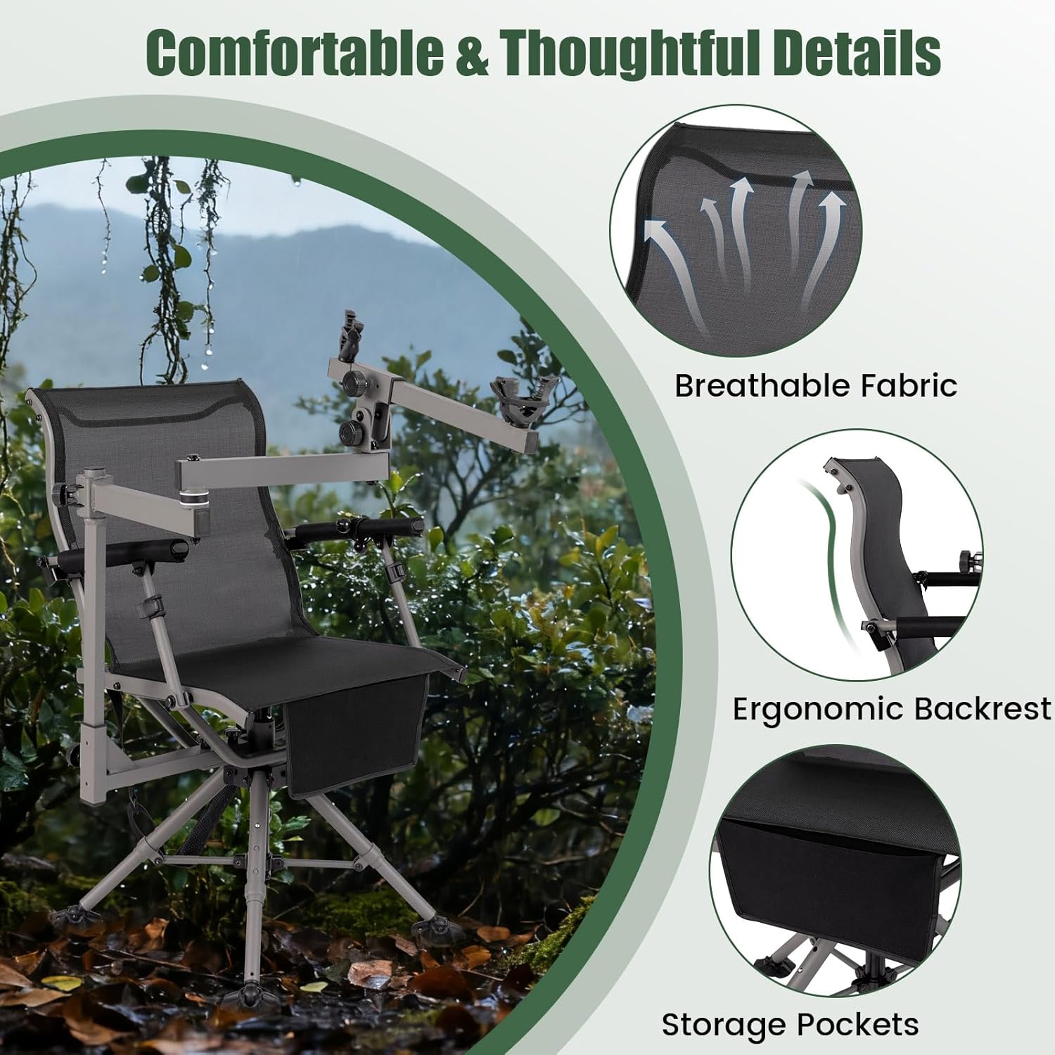 GYMAX Hunting Chair with Gun Rest, 360° Swivel Hunting Blind Chair w/Adjustable Height & Armrest, All-Terrain Duck Feet, Shoulder Strap, 330 LBS Folding Outdoor Ground Blind Seat