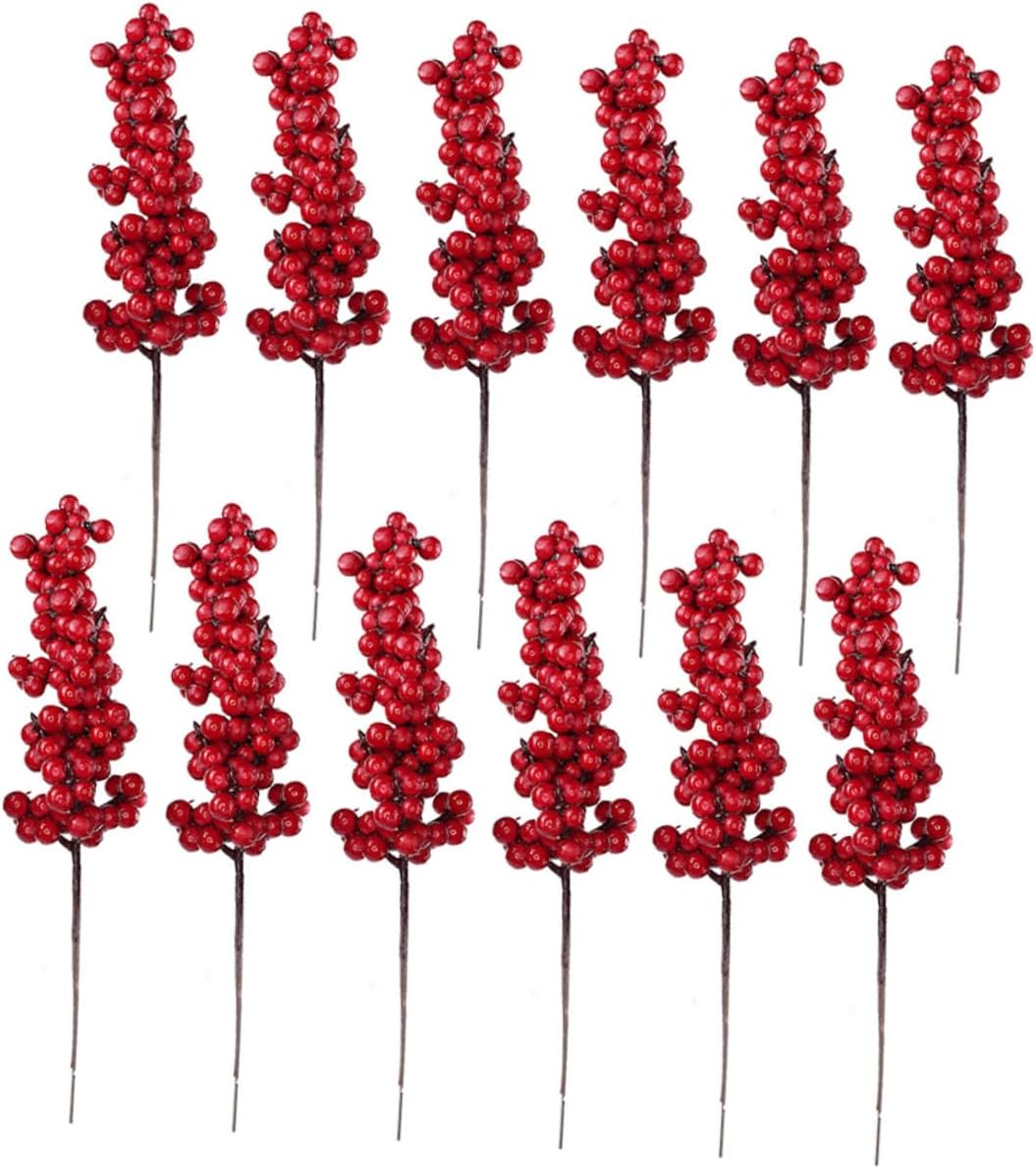 VICASKY 12Pcs Christmas Red Berry Stems Artificial Plastic Garland Decor DIY Floral Picks for Holiday Wedding Thanksgiving Party Decorations