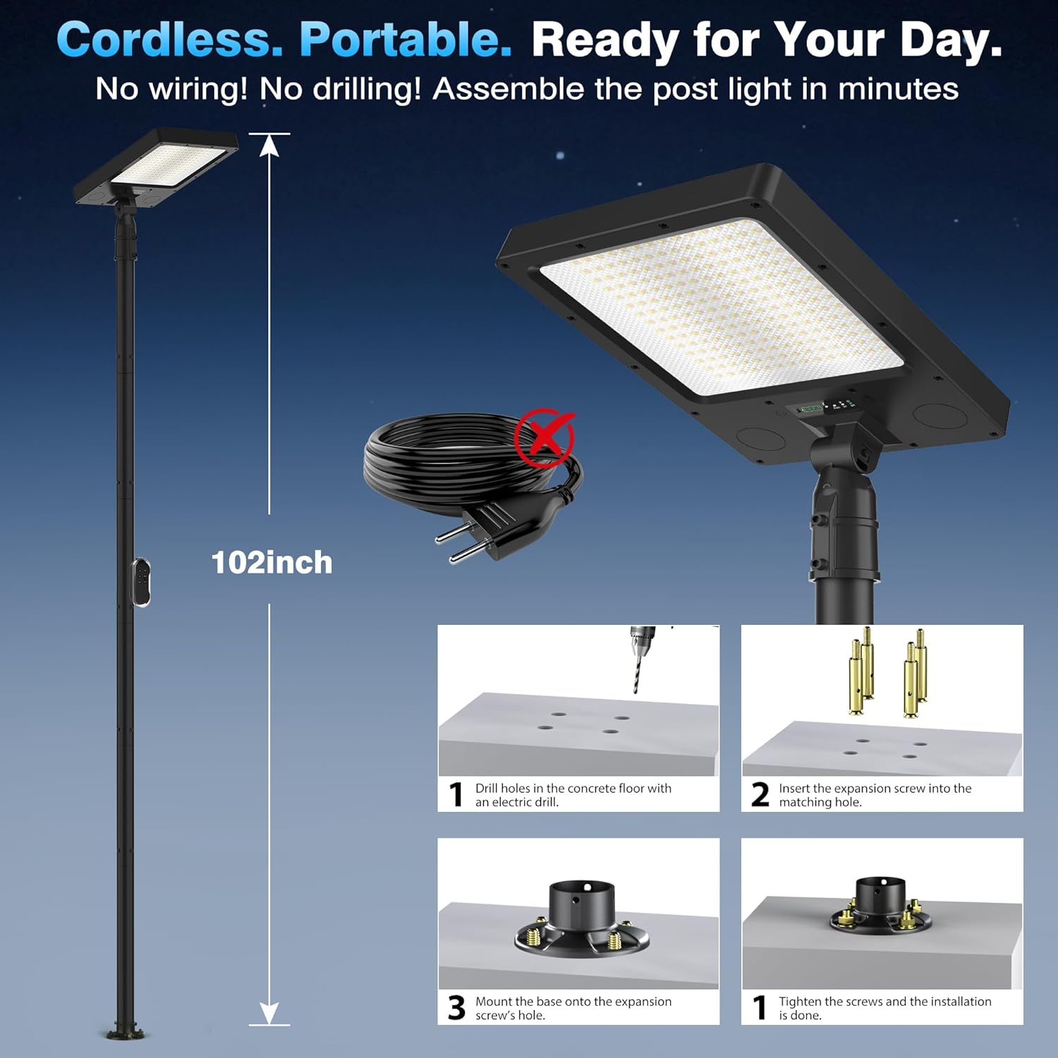 100" Solar Lamp Post Lights with Pole & Remote, Outdoor IP65 Waterproof 420 LEDs Solar Street Lights, Black Metal Flood Solar Motion Pathway Lights for Yard, Garden, Patio, Lawn, Garage