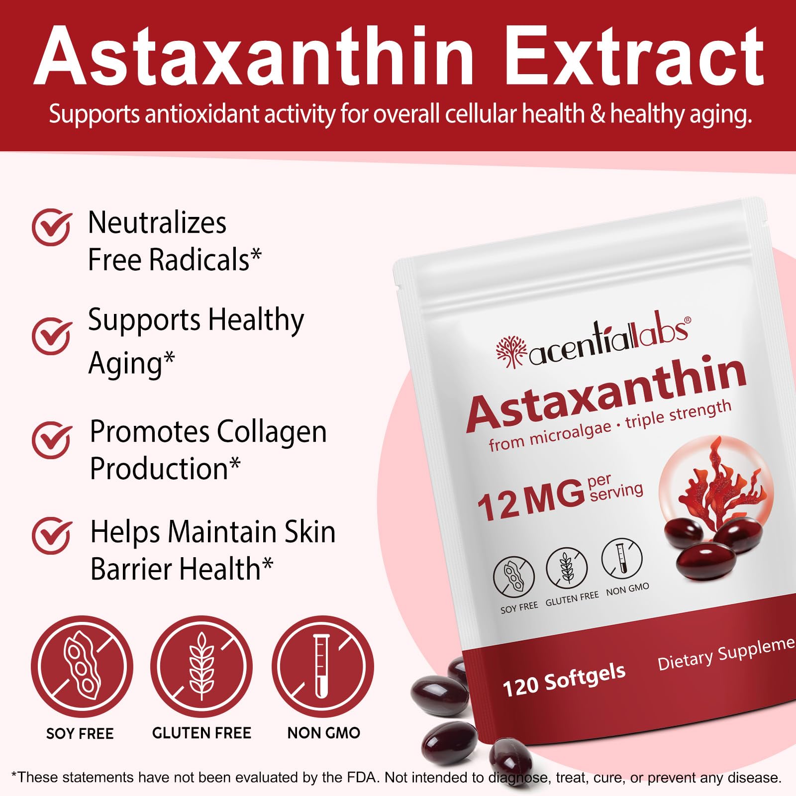 Astaxantina 12 mg, 120 Softgel per 4 Mesi | Integratore Antiossidante Premium | Da Microalghe Fresche | Tripla Forza, Facili da Deglutire