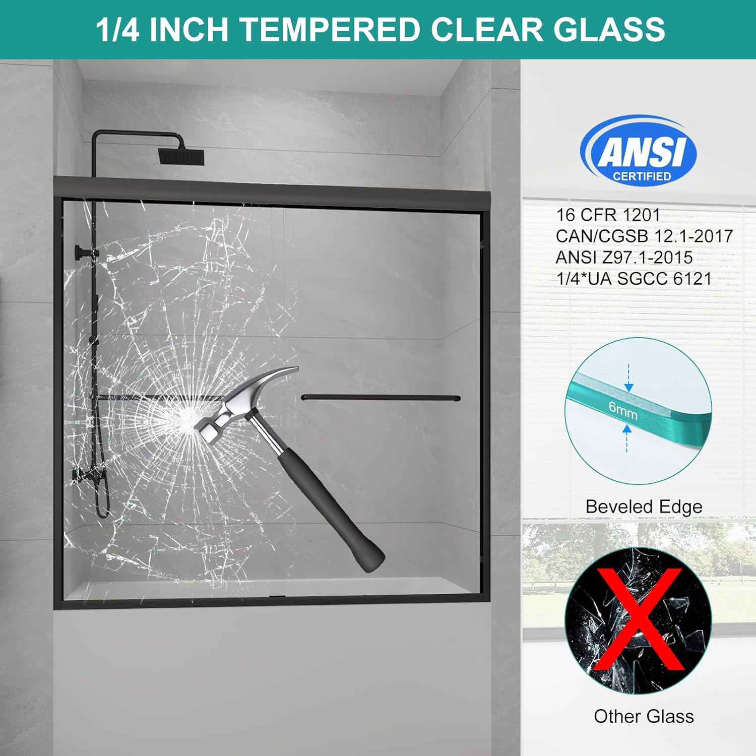 Bathtub Shower Door - 56-60" W×58" H Semi-Frameless Double Sliding Design Shower Tub Door 1/4" Clear Glass Panel(‎Black, 60X58IN)