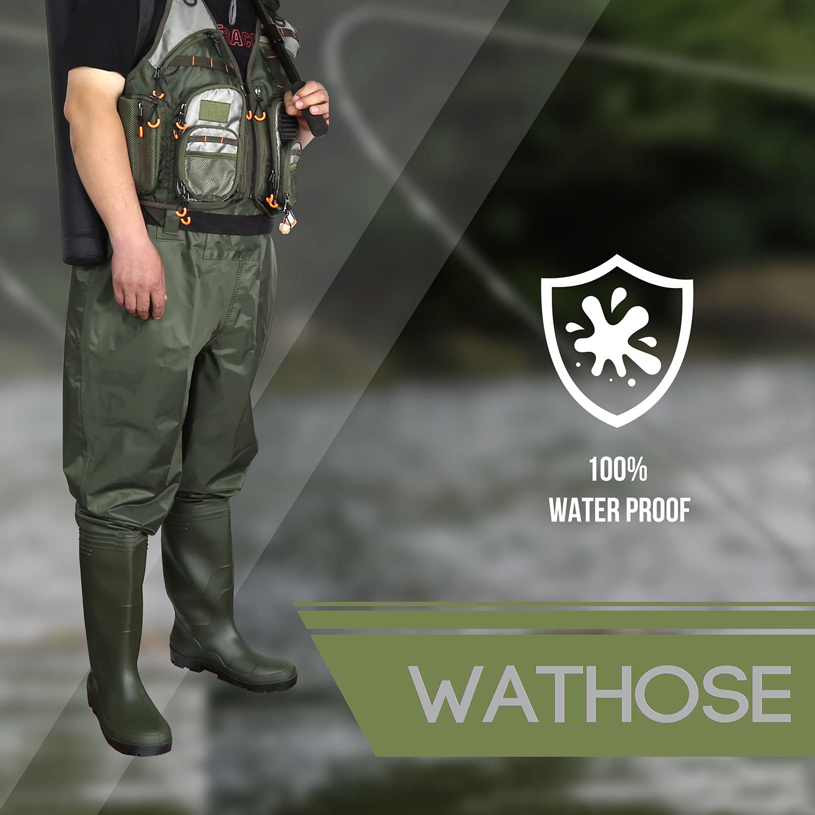 Croch Waders pesca Stivali da pesca per uomo e donna, impermeabili, in PVC e nylon con gomma, taglia 46, ideali per la pesca, verde,
