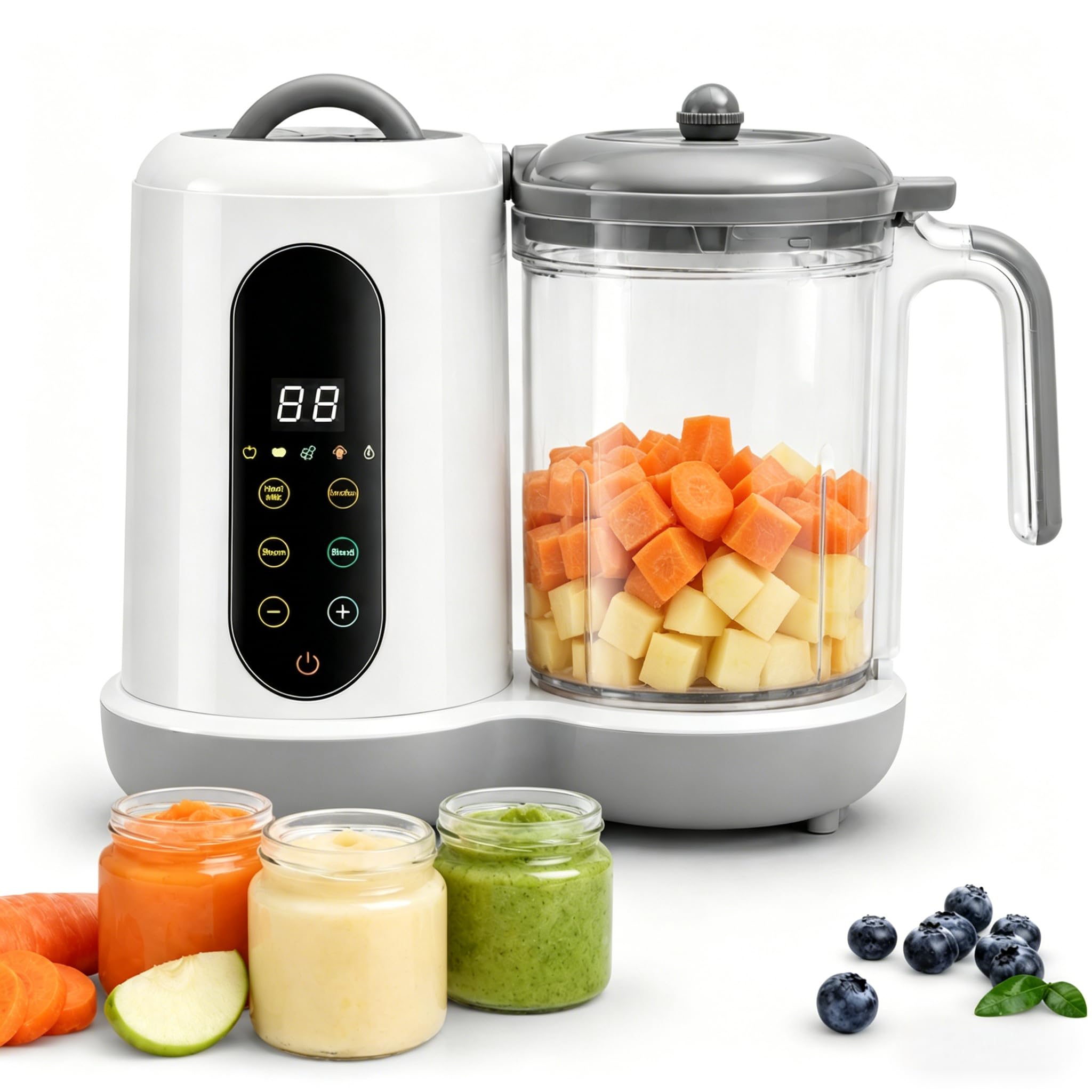 Robot de cocina y licuadora para bebé 7 en 1, 450W licuadora multifuncional para bebé, con cesta de vapor, acero inoxidable 304 alimentario, para la preparación de purés de frutas caseros