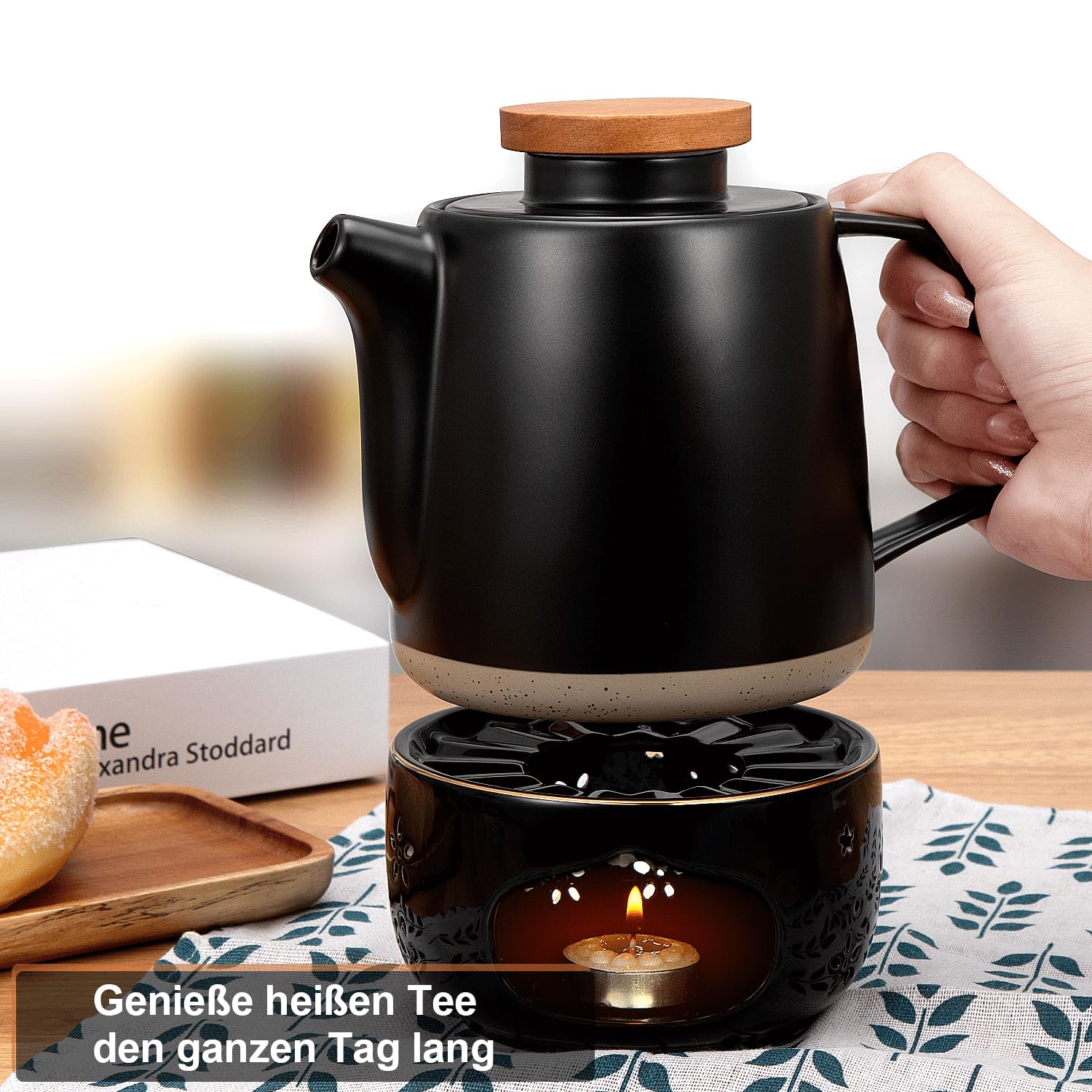 Teekanne Keramik mit Siebeinsatz und Stövchen 850ML, Teekanne mit Sieb Herausnehmbar-Schwarz