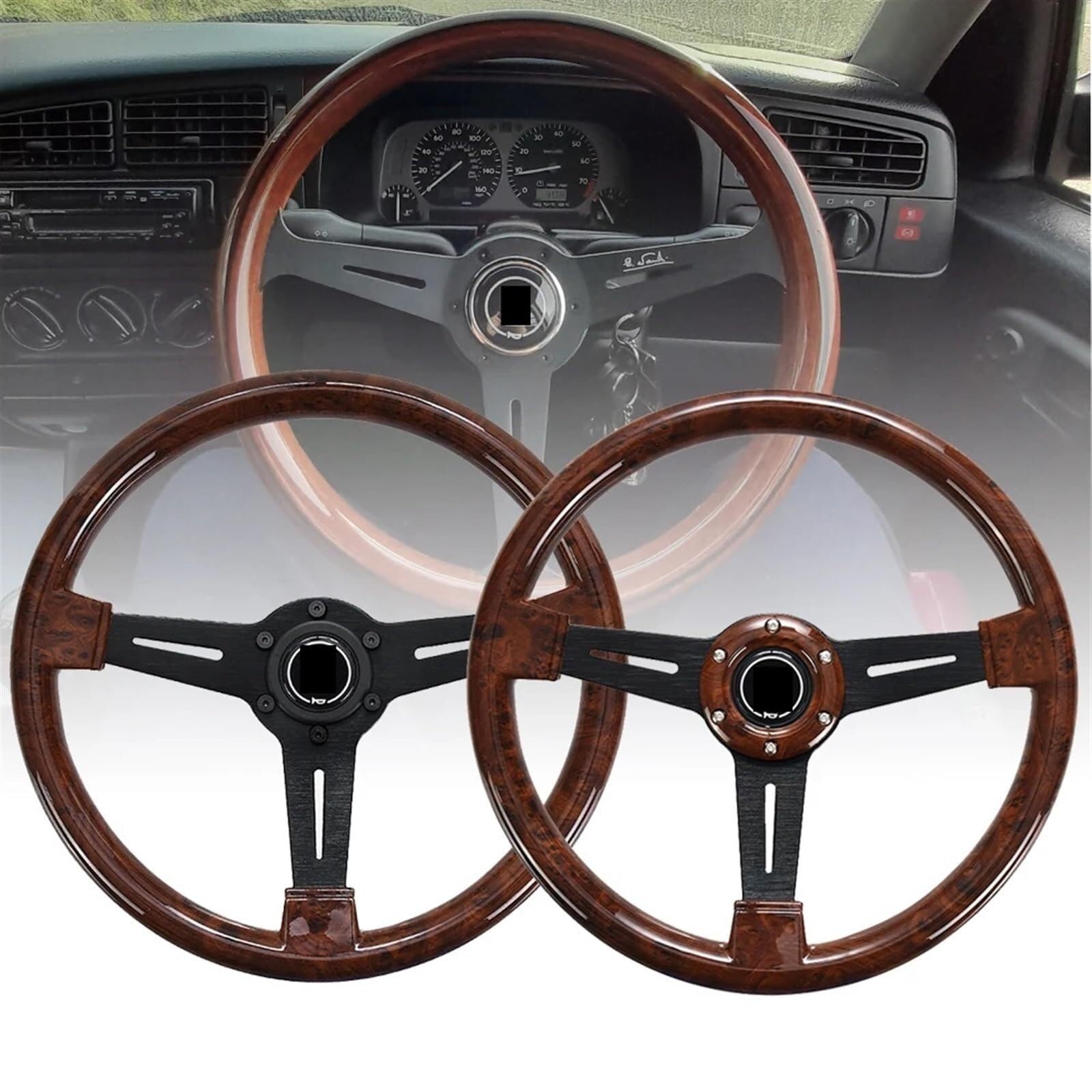 Volanti Auto Volante da corsa 14 pollici con venature del legno 350mm ND Volanti sportivi alla deriva mais profondo retrò logo universale(B)