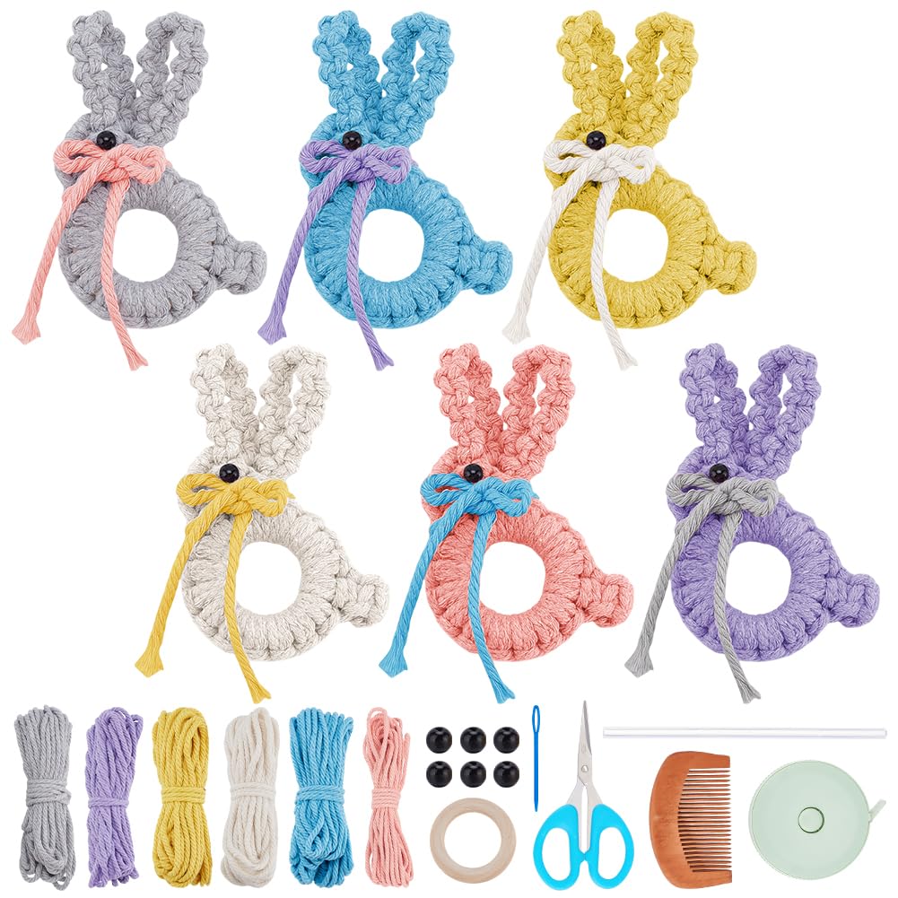 FREEBLOSS 6 Set Easter DIY Macrame Kit Easter Macrame Hanging Decor Bunny Wooden Ring Macrame kit for Beginners with Video Tutorial Boho Macrame Decor for Keychain Hanging Ornament Macrame Bag Charms